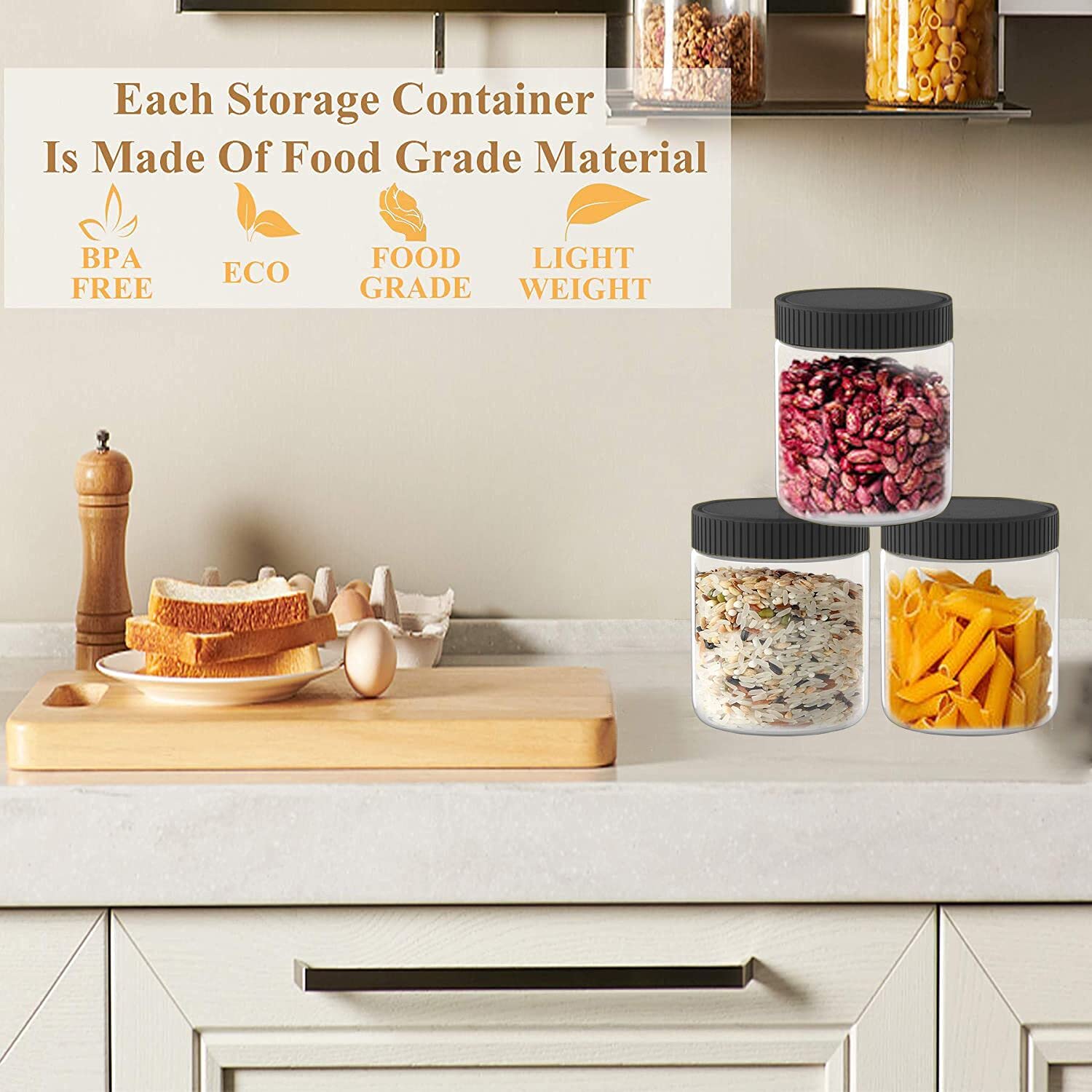 8 Oz Clear Plastic Jars with Black Lids - 6 Pack Airtight Food Storage Containers for Dry Food, Coffee, Nuts, Spices | BPA-Free Kitchen Organization & Pantry Storage Solutions for Home, Office or Restaurant Use