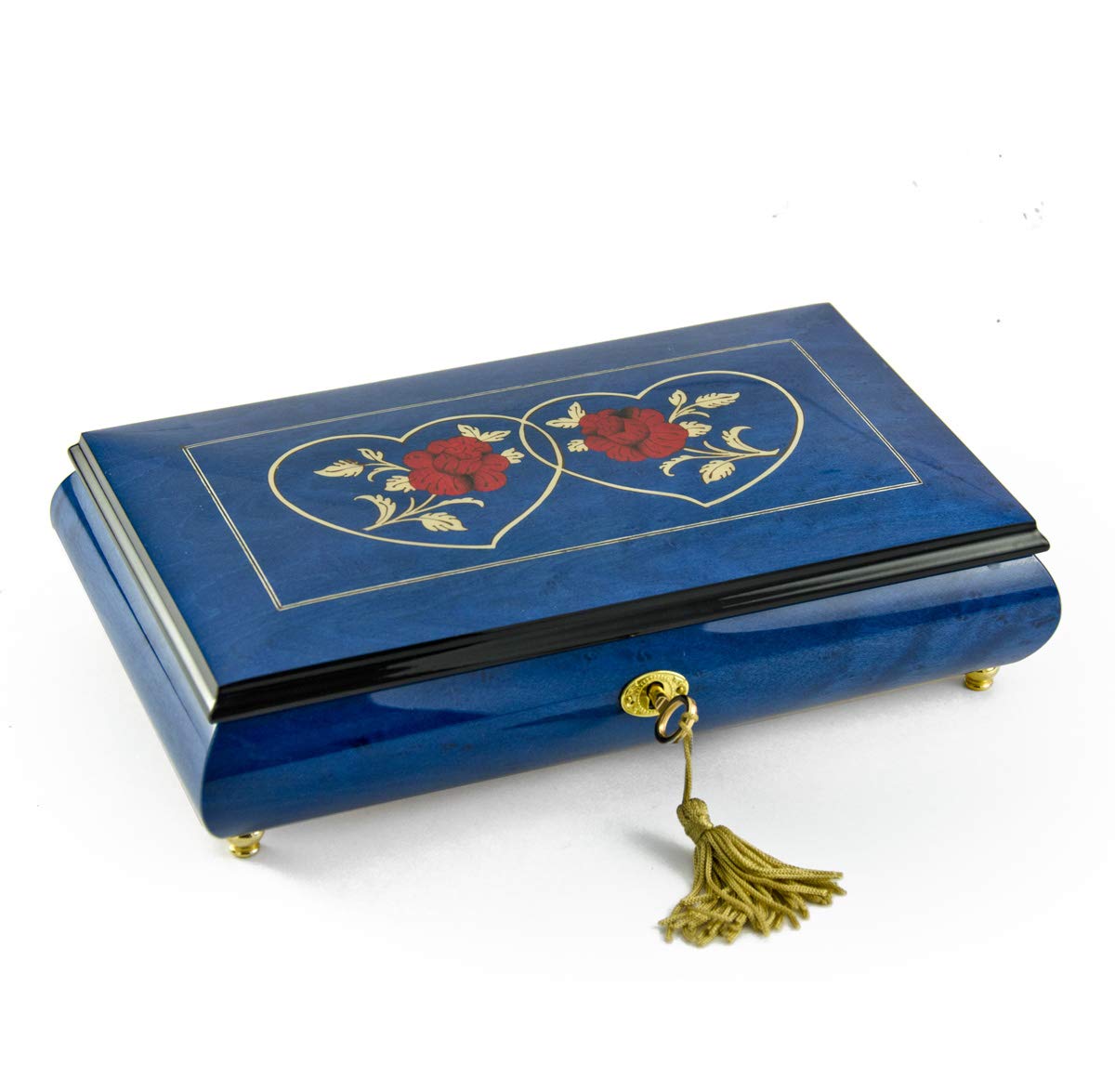 Royal Blue 36-Note Musical Jewelry Box with Double Red Roses & Heart - Plays Vienna Life & Roses from The South - Perfect for Valentine's Gifts, Anniversary Presents & Romantic Home Decor