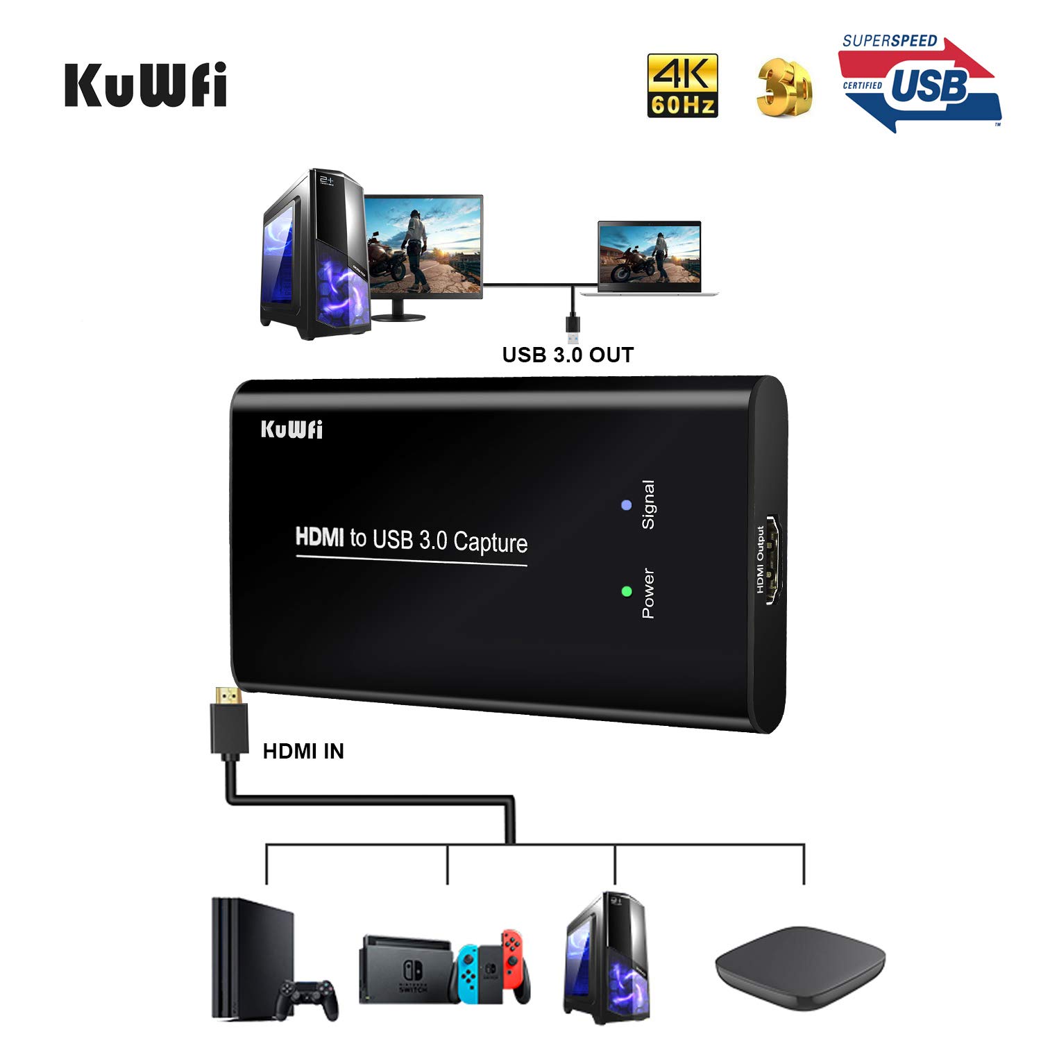 KuWFi HDMI to USB 3.0 Capture Card for PC Gaming - 1080P Video Audio Recorder for Live Streaming, Game Broadcast on PS4, Switch, Xbox & Laptop - Perfect for Twitch, YouTube & OBS Streaming