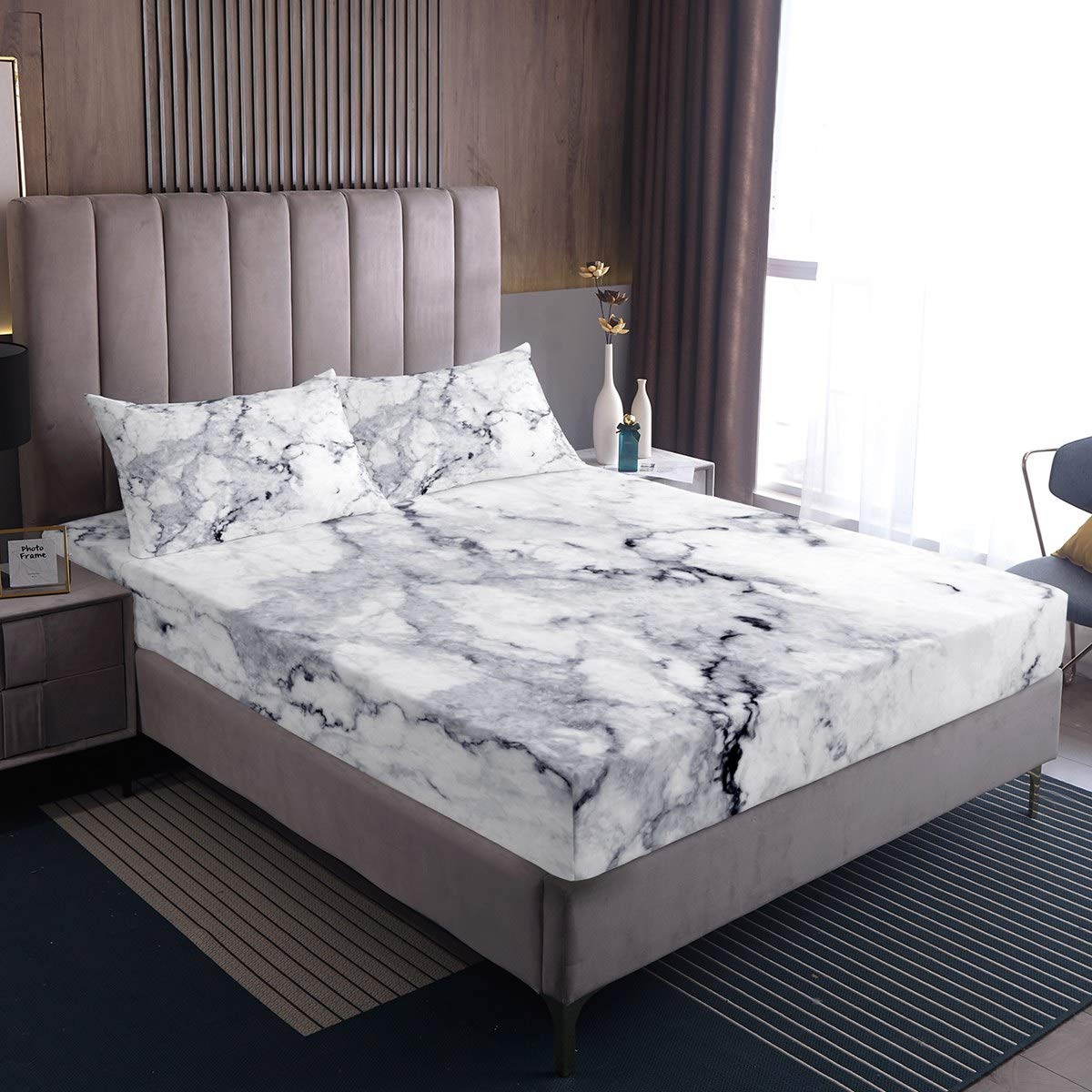 Grey Marble Soft Kids Fitted Sheet Set - 3 Piece Breathable Queen Size Bedding with 1 Fitted Sheet & 2 Pillowcases - Classic Stone Pattern for Teens & Young Adults - Cozy Warm Duvet Cover for Kids' Bedrooms & Guest Rooms