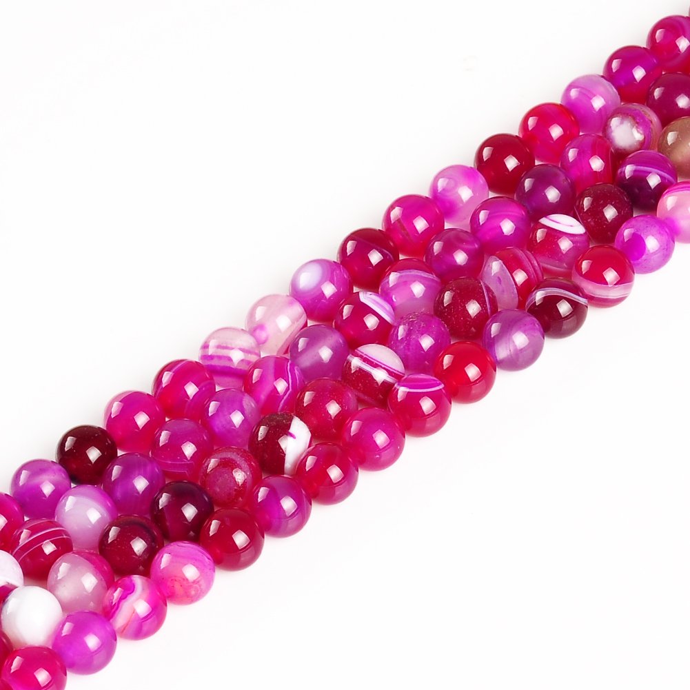 Rose Red Striped Natural Agate Loose Beads 8mm Round Stone Beads for Jewelry Making - 48pcs (Perfect for Bracelets, Necklaces & DIY Craft Projects)