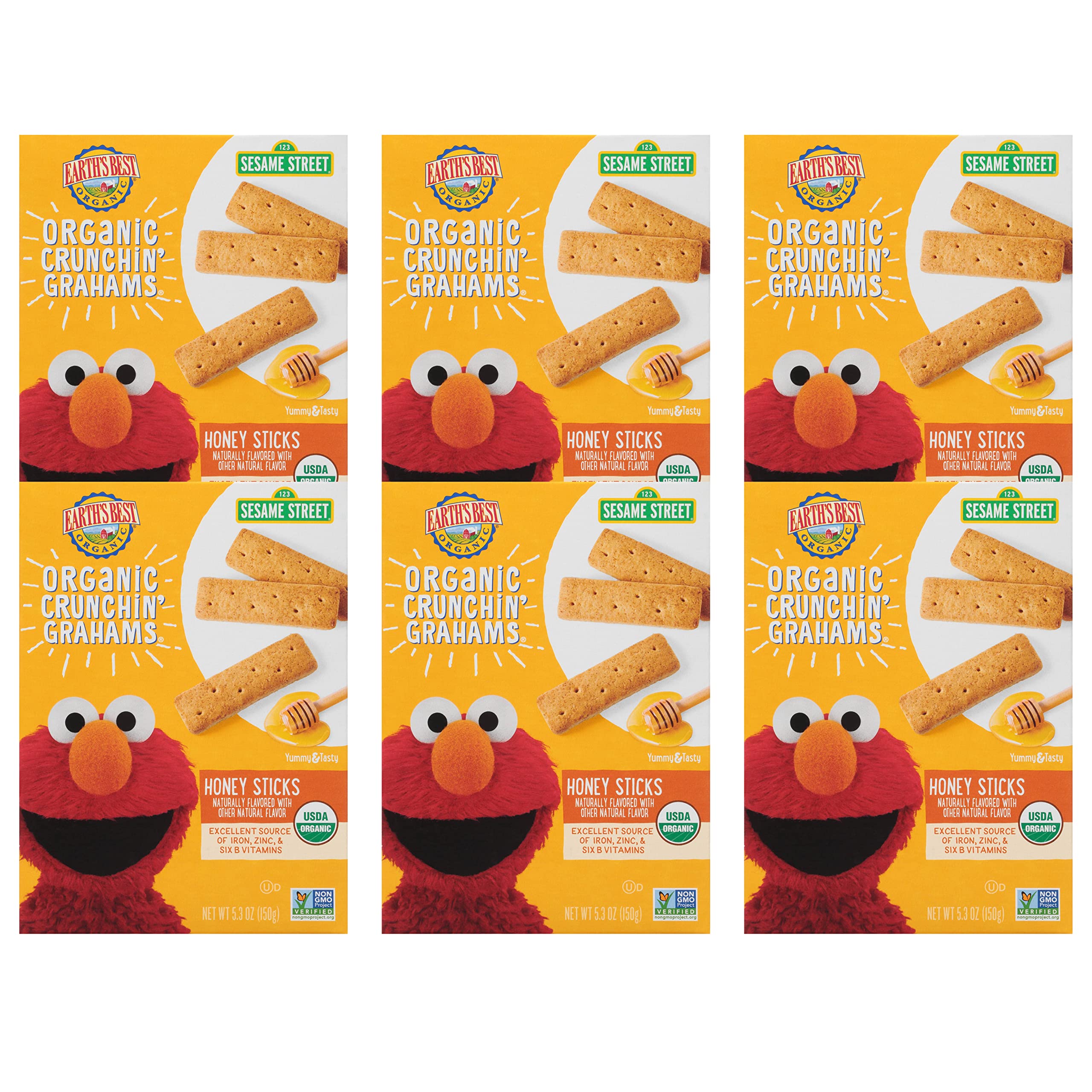 Organic Sesame Street Toddler Snacks - Earth's Best Crunchin' Grahams for Kids 2+ Years | Honey Flavored Healthy Snack with Natural Ingredients | 5.3oz Box (Pack of 6) | Perfect for Lunchboxes, Daycare & On-the-Go Snacking