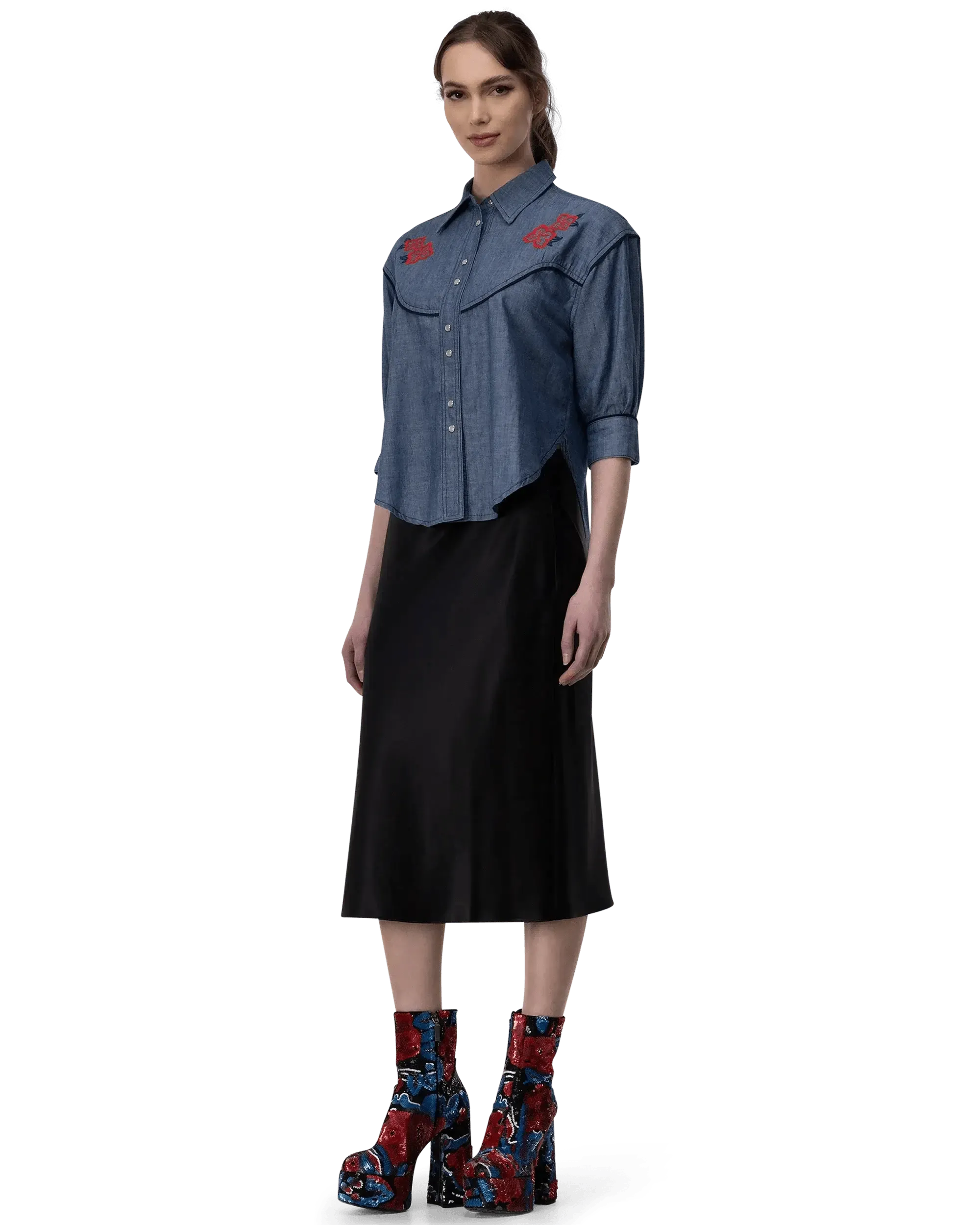 Stylish Embroidered Denim Shirt for Men & Women | Vintage Wash Cotton Button-Up Top | Casual Wear, Street Fashion & Outdoor Activities