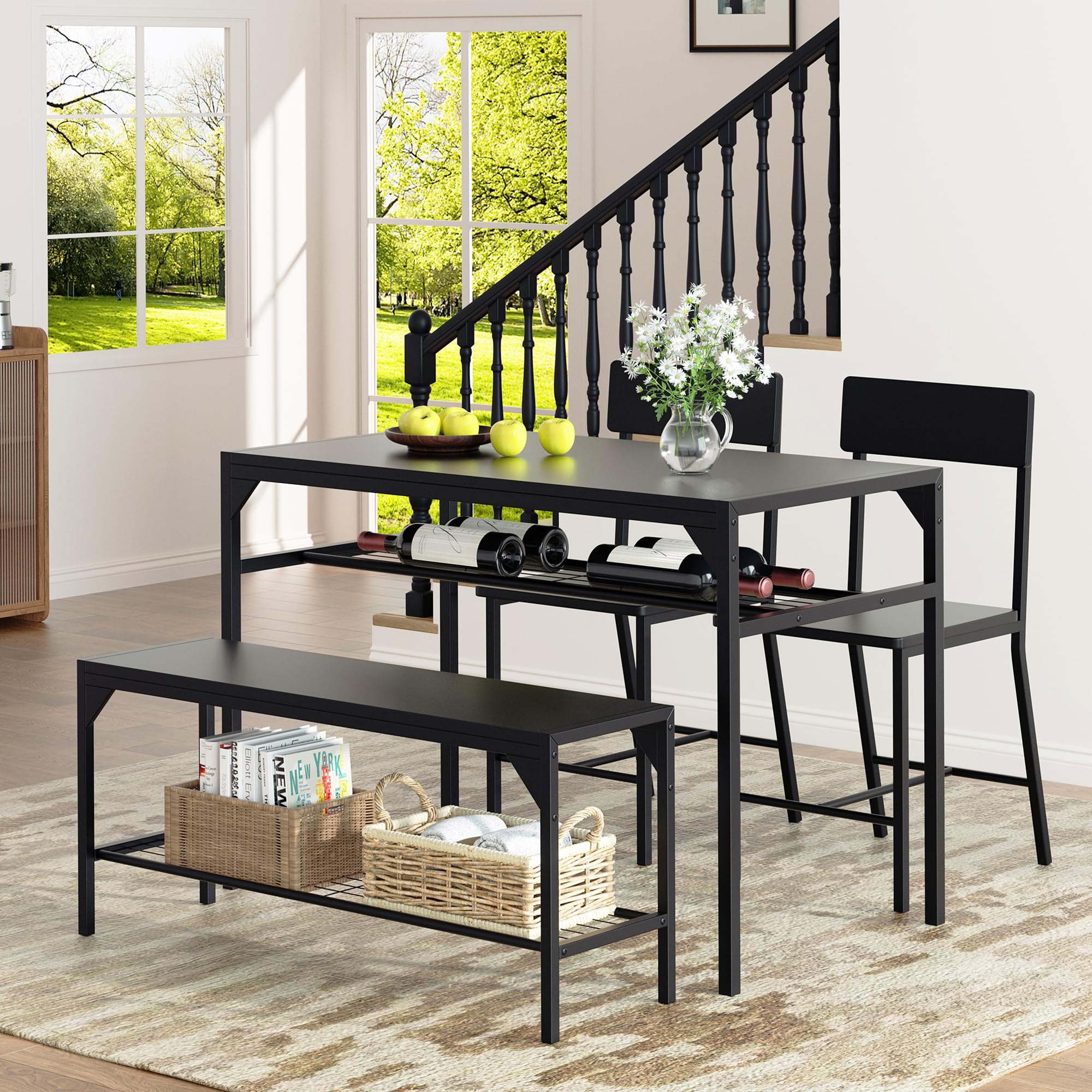 Shintenchi 4-Piece Kitchen Dining Set with Table, Bench, Chairs & Storage Rack - Space-Saving Metal Frame Design for Small Apartments - Perfect for Breakfast Nooks, Compact Kitchens and Cozy Dining Areas (Black)