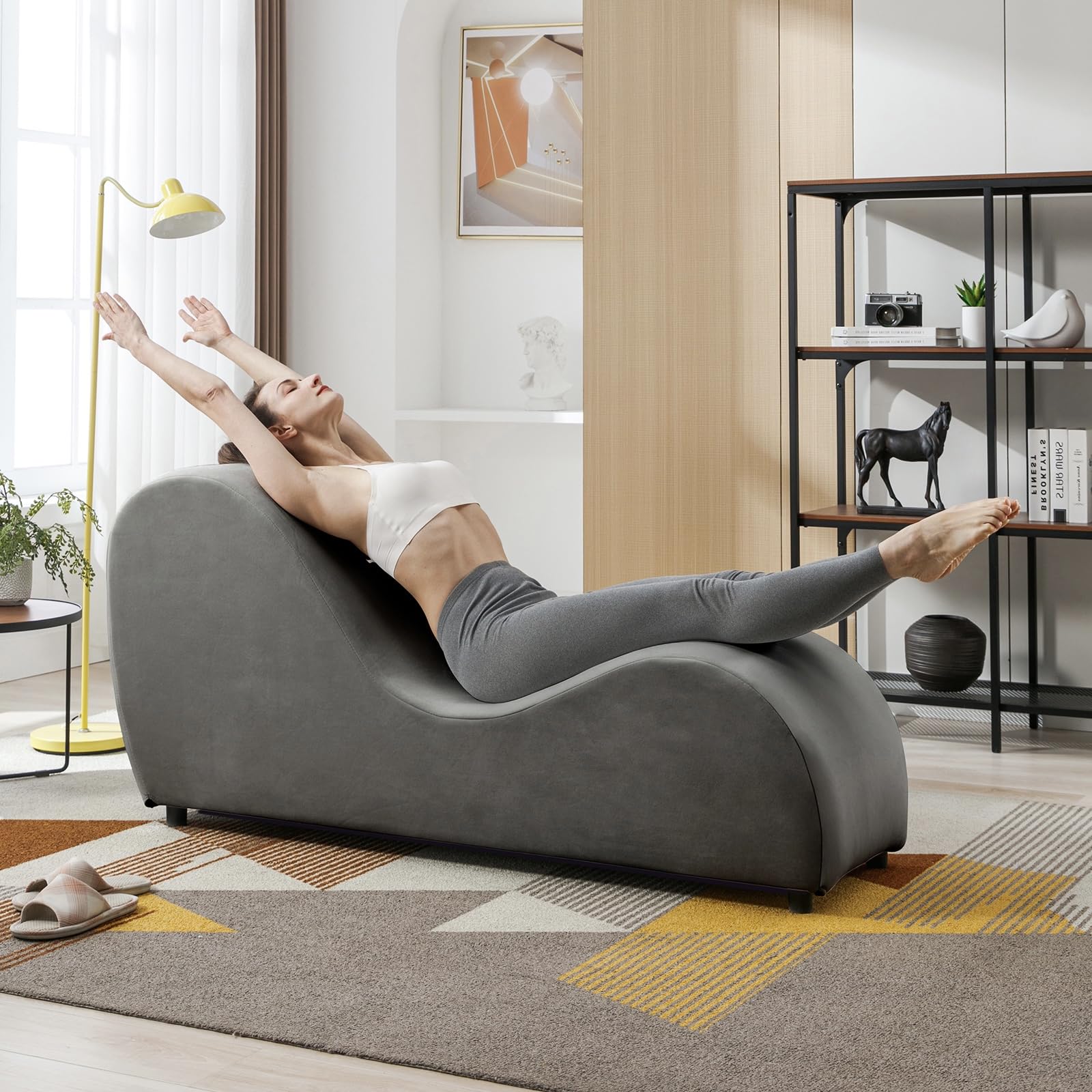 Premium Velvet Yoga Chaise Lounge Chair for Adults - Dark Gray Curved Sofa for Yoga Stretching & Relaxing | Living Room Lounge Chair, Apartment Exercise Furniture | Perfect for Meditation, Home Workouts & Cozy Reading Nook