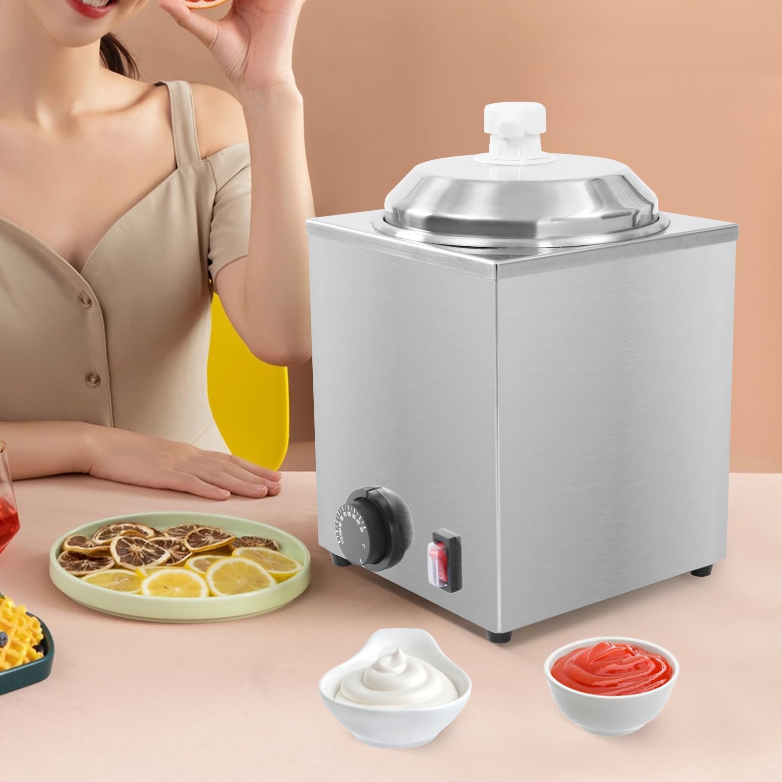Stainless Steel Hot Fudge Warmer with Pump - 2.3L/2.4Qt Adjustable Temperature (30-110℃/86-230℉) 650W Electric Cheese & Caramel Dispenser for Sauces, Curry, Chili - Perfect for Restaurants, Cafes & Dessert Shops