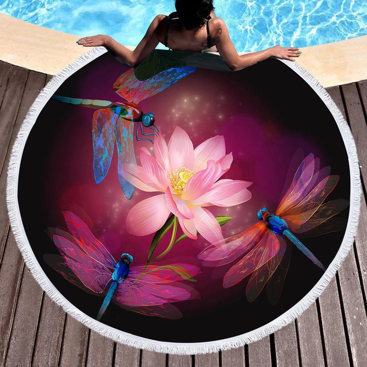 Dragonflies and Lotus Round Beach Towel - Soft, Absorbent, Quick-Dry for Pool, Beach, Picnic, and Outdoor Activities