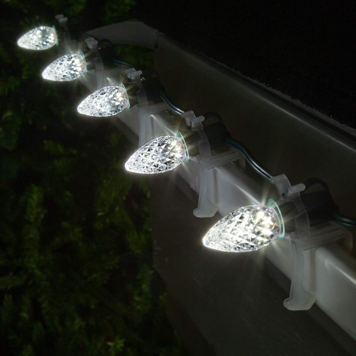 Wintergreen Lighting C7 Opticore Commercial Christmas Lights - 50ft LED String Lights with Cool White Bulbs & Green Wire for Outdoor Holiday Decorations | Perfect for Rooftop, Tree Trimming, and Porch Lighting