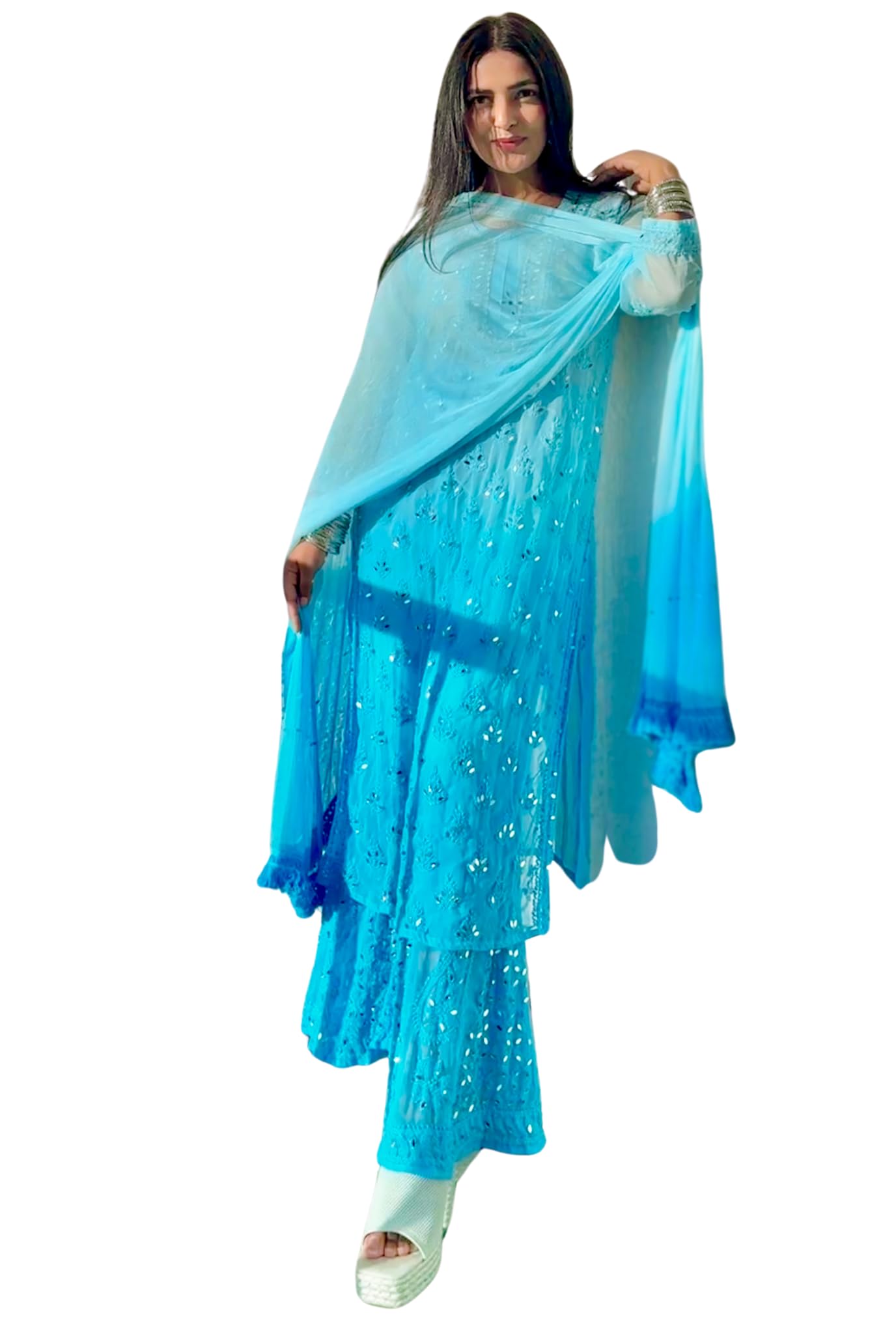 Inayakhan Aqua Blue Chikankari Elegance Ombré Mirror Booti Jaal Set - Traditional Indian Embroidered Kurti for Women, Perfect for Festivals, Weddings & Special Occasions