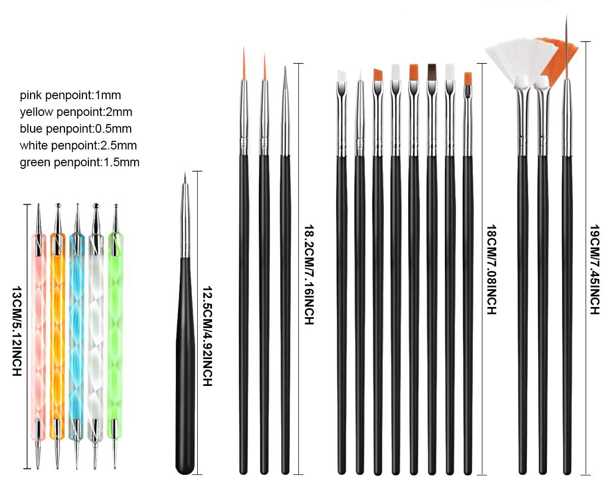 20PCS Professional Nail Art Kit with 15 Painting Brushes & 5 Dotting Pens - Perfect for Acrylic Nails, Gel Polish, DIY Manicure at Home or Salon