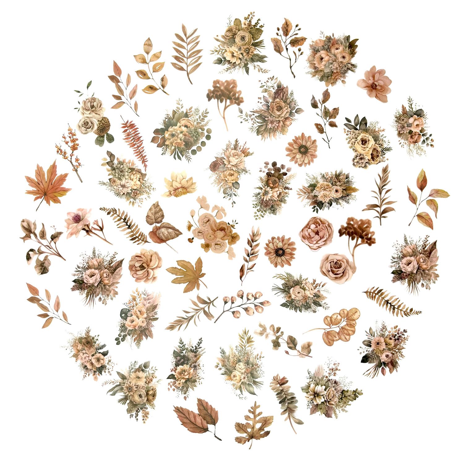Autumn Flower Stickers 100pcs - Scrapbooking, DIY Crafts for Journals & Planners