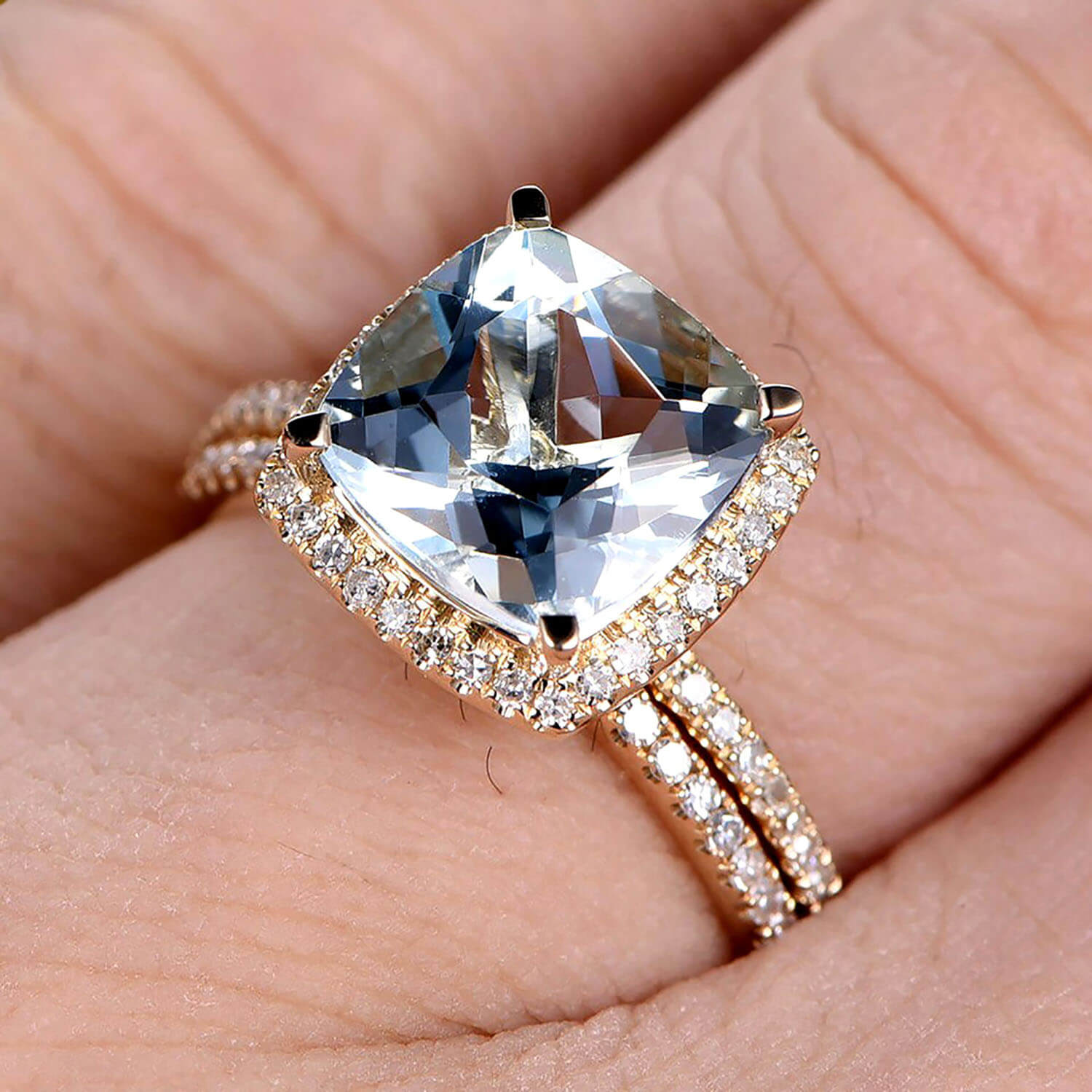1.75 Carat Cushion Cut Aquamarine Engagement Ring & Matching Band Set in 10k Rose Gold Halo Design - Perfect for Proposals, Anniversaries & Special Occasions