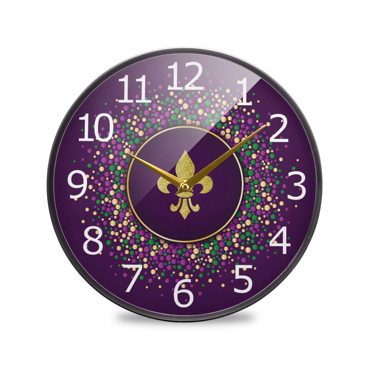 ALAZA 9.5 Inch Purple Fleur De Lis Glitter Acrylic Wall Clock - Silent Non-Ticking Battery Operated Round Clock for Home, Bedroom, Living Room, Office & Dorm Decor - Perfect for French Style Interior Design & Quiet Spaces