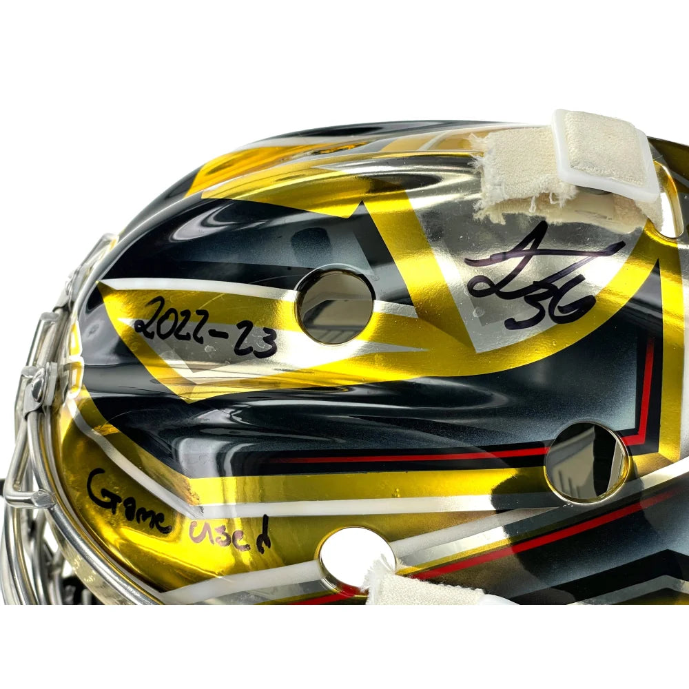 Authentic Logan Thompson Game Used Signed Goalie Mask 2022-23 Season with COA - Vegas Golden Knights NHL Hockey Memorabilia - Perfect for Collectors, Fans, and Sports Memorabilia Displays