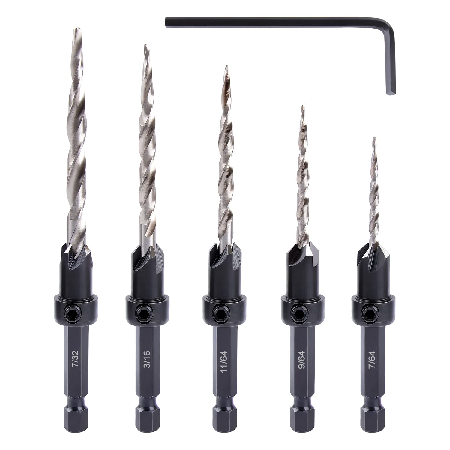 Newdeli 5-Piece Wood Countersink Drill Bit Set (#4,6,8,10,12) - Tapered Bits with 1/4