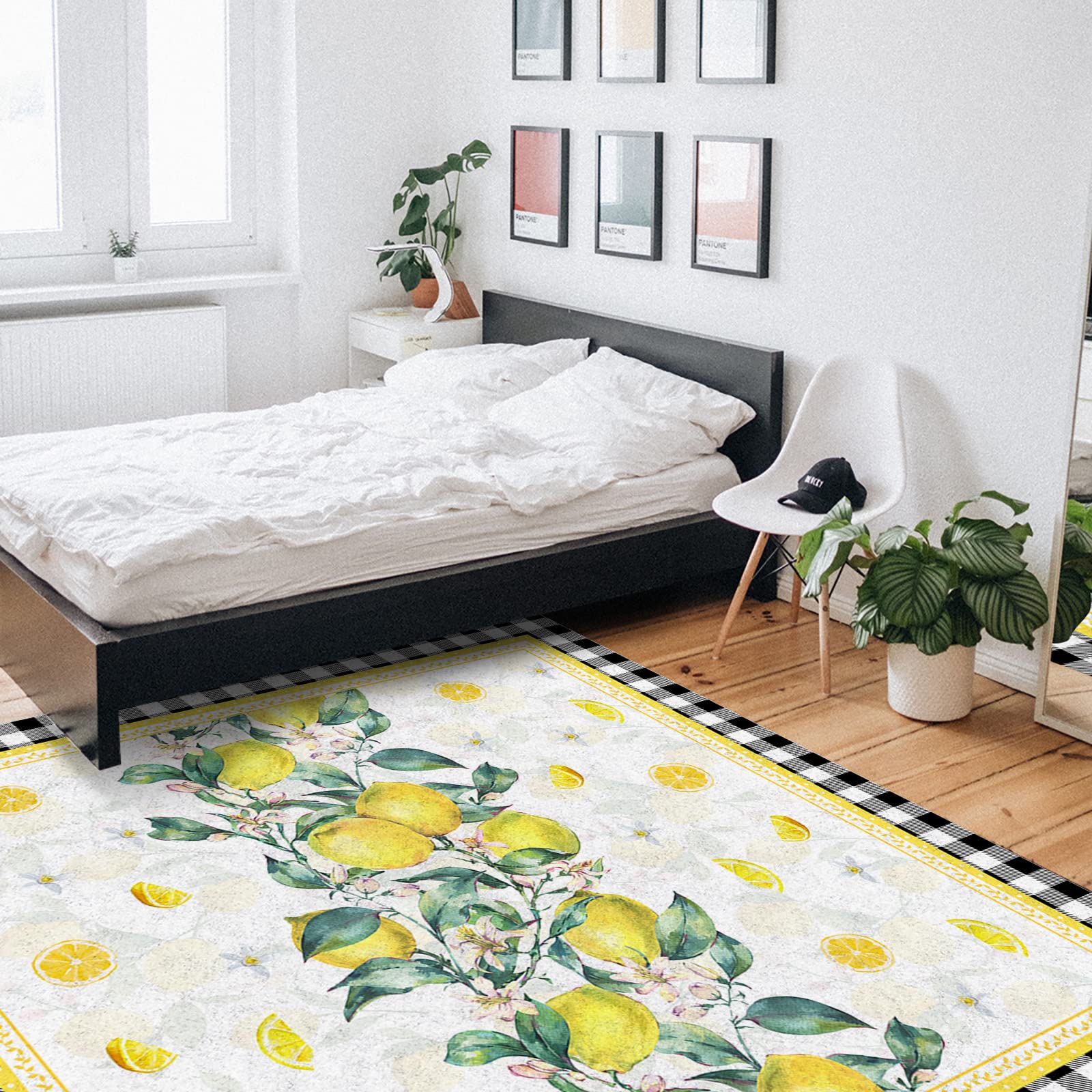 5'x8' Large Non-Slip Area Rug - Black and White Plaid Pattern for Living Room, Bedroom, Kitchen | Durable Floor Mat for Kids Room, Home Decor with Marble Backdrop | Perfect for Farmhouse, Modern & Rural Style Homes