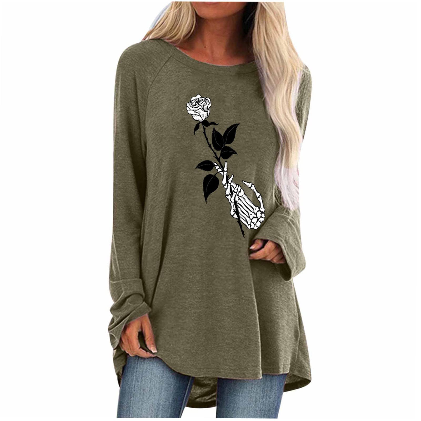 Women's Halloween Skull Print Tunic Top - Loose Flowy Long Sleeve Pullover Blouse for Casual Wear | Perfect with Leggings for Costume Parties & Fall Outfits