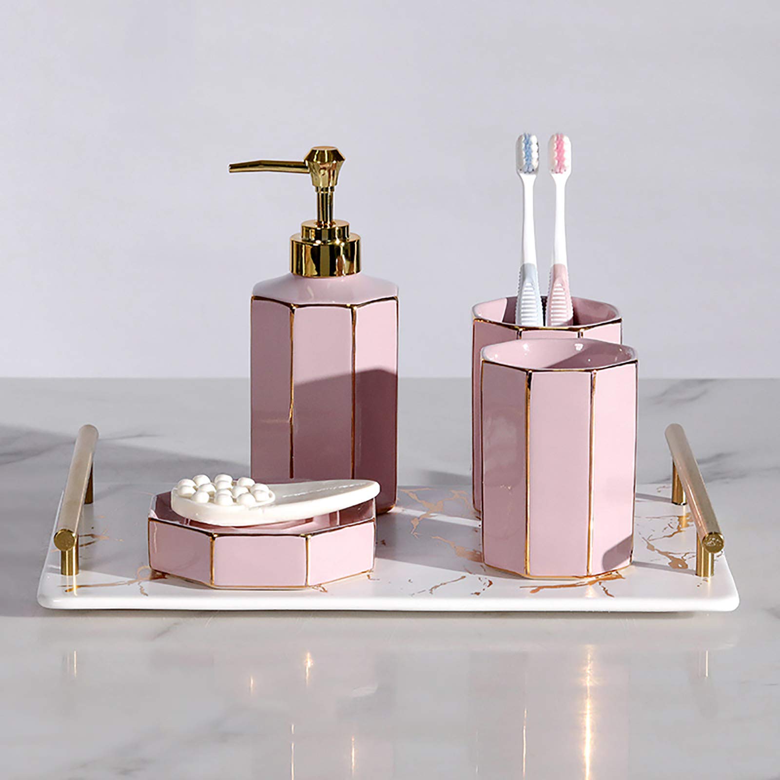 5-Piece Ceramic Bathroom Accessory Set - Soap Dispenser, Toothbrush Holder, Tumbler & Soap Dish | Modern Countertop Organizer for Vanity, Sink & Powder Room Decor