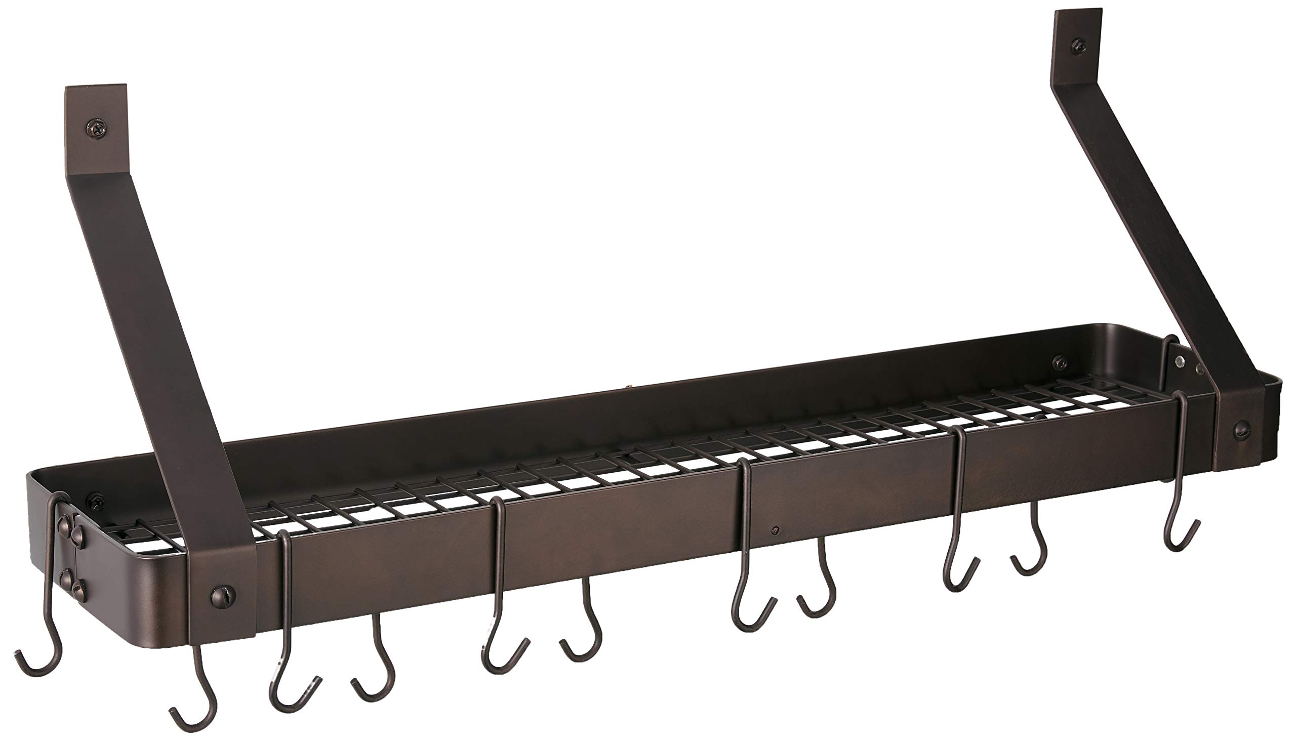Wall-Mount Bookshelf Pot Rack with Grid & 12 Hooks - Space Saving Kitchen Organizer for Pots, Pans & Utensils - Perfect for Small Kitchens, RVs & Apartments