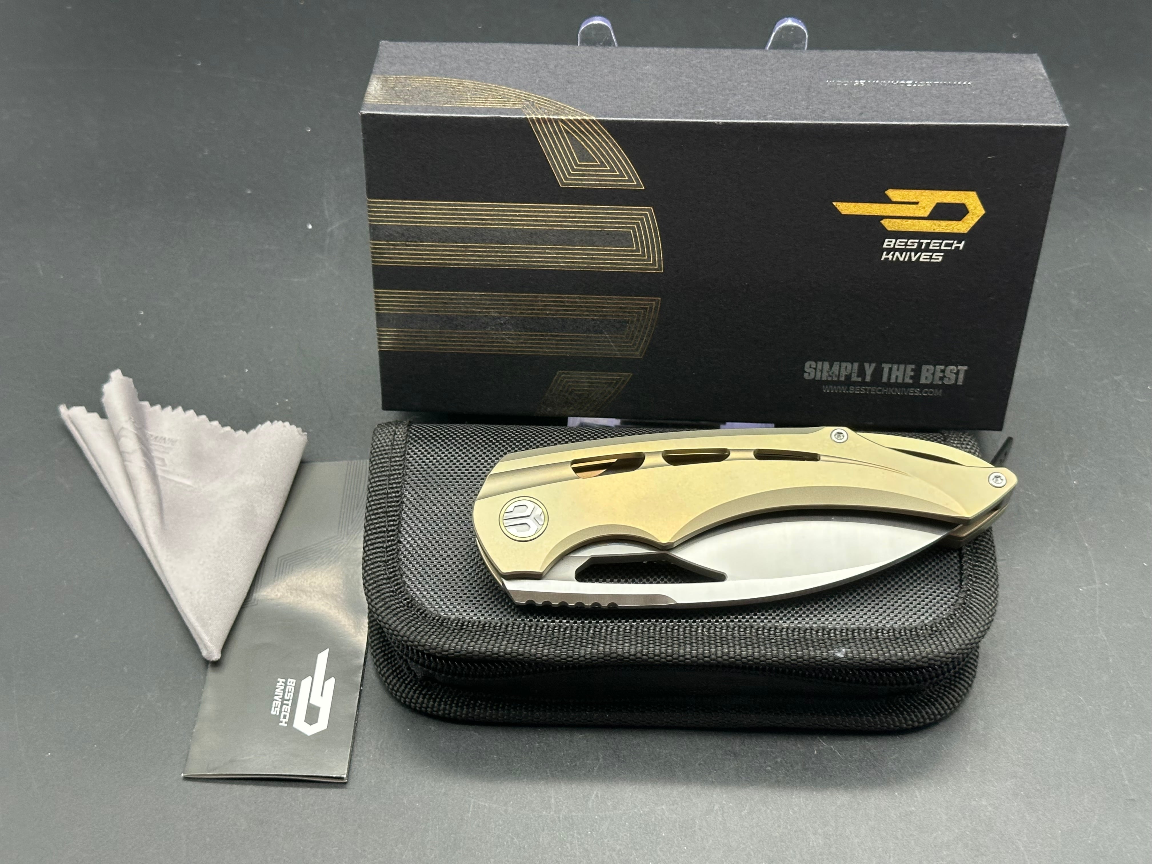 BESTECH Fairchild Folding Knife - Gold Titanium Handle, S35VN Steel Plain Edge, Satin Finish - EDC, Camping, Outdoor Survival & Everyday Carry Knife