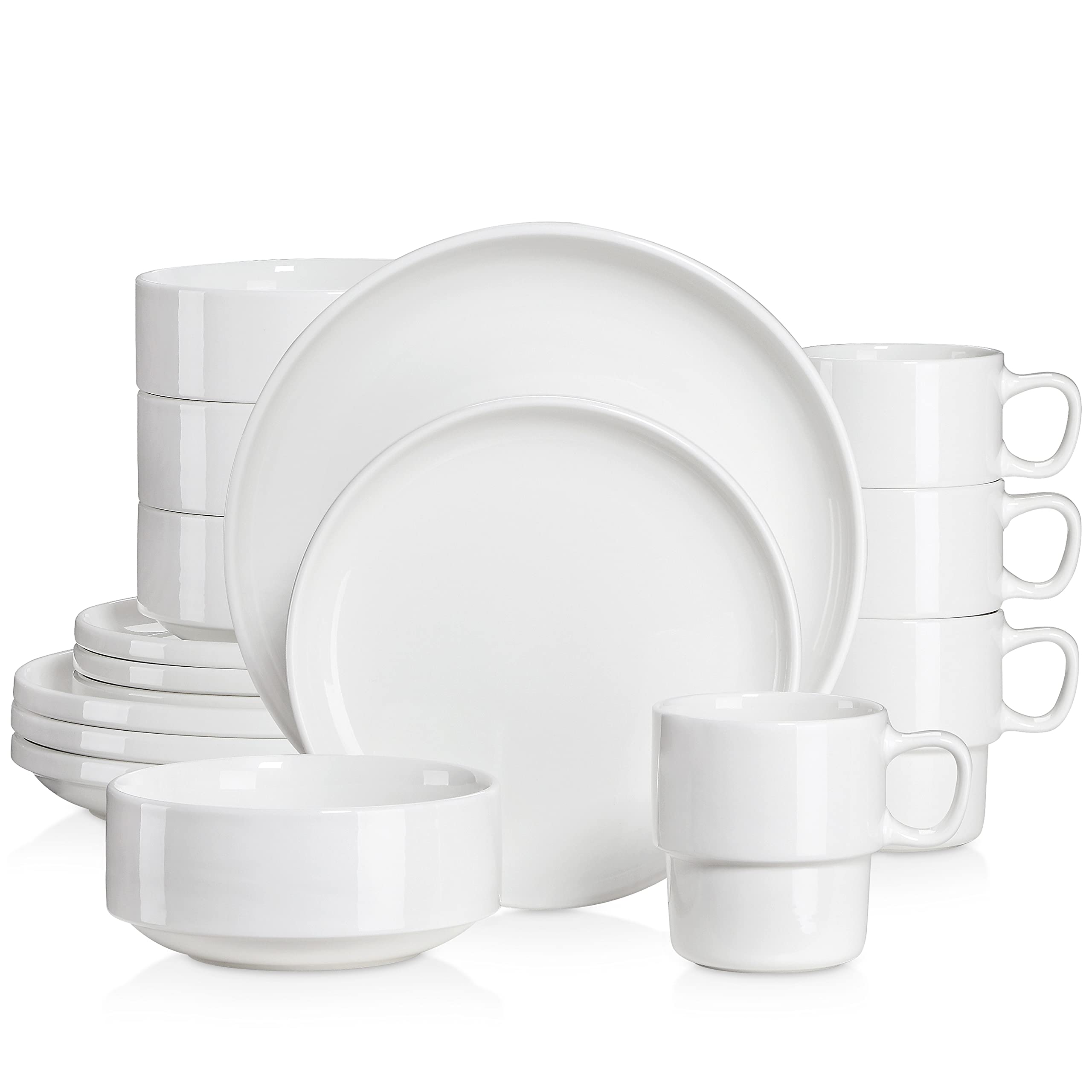 16-Piece White Ceramic Dinnerware Set for 4 - Plates, Bowls, Mugs & Dessert Plates | Dishwasher Safe | LOVECASA | Perfect for Family Dinners, Parties & Everyday Use