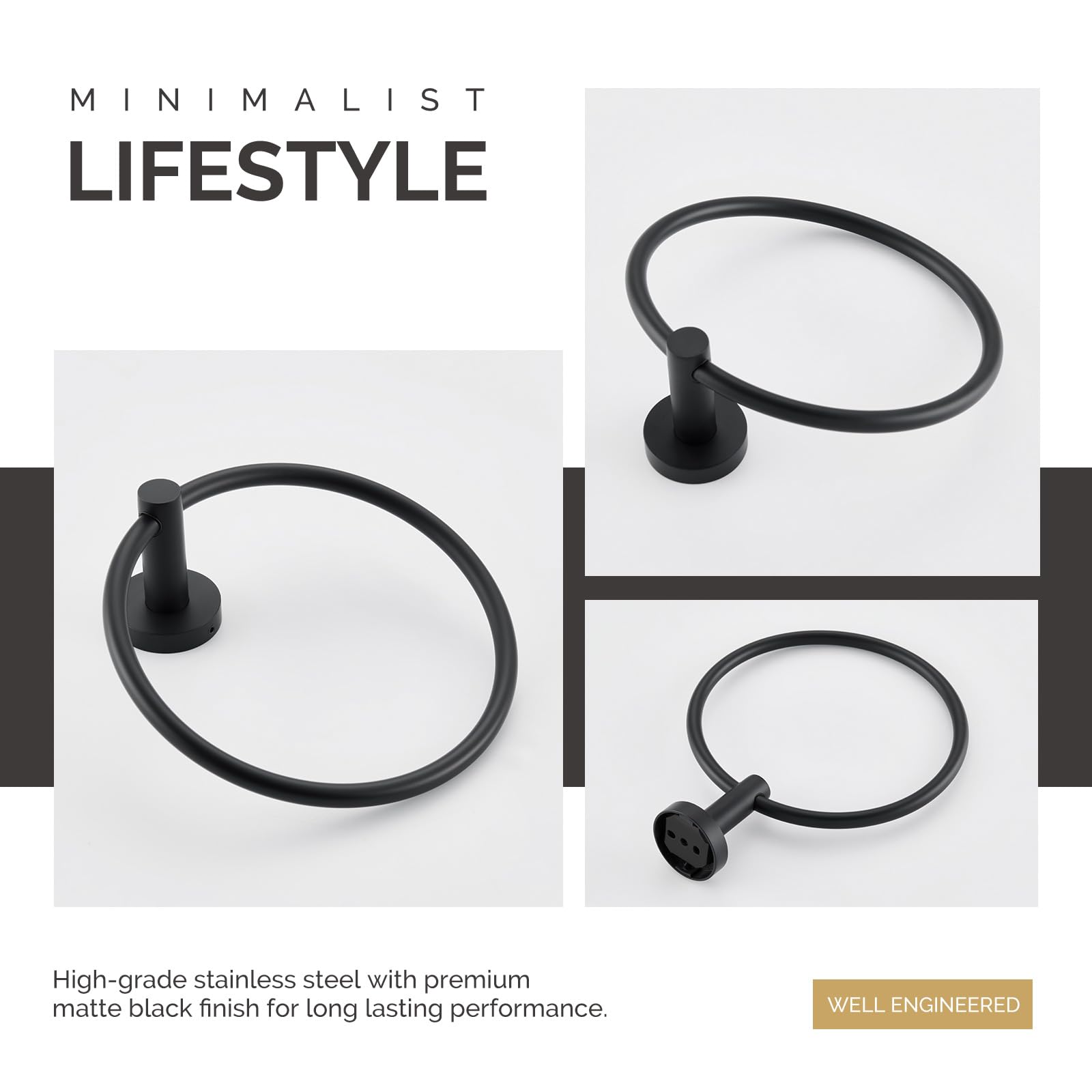 Matte Black Stainless Steel Towel Ring - Wall Mounted Bathroom Hand & Face Towel Holder for Modern Homes - Perfect for Bathrooms, Kitchens, and Powder Rooms