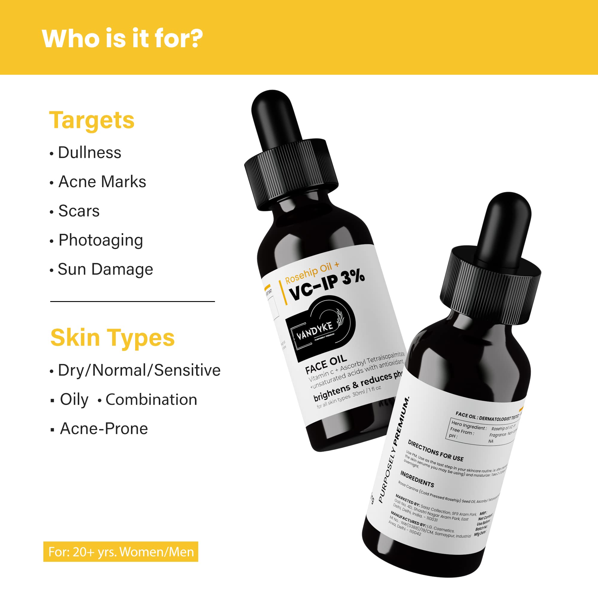 Vandyke 0.3% Pure Rosehip Oil for Face - Vitamin C Skin Brightening Serum (30ml) | Anti-Aging & Dark Spot Treatment | Day & Night Moisturizer for Glowing Skin