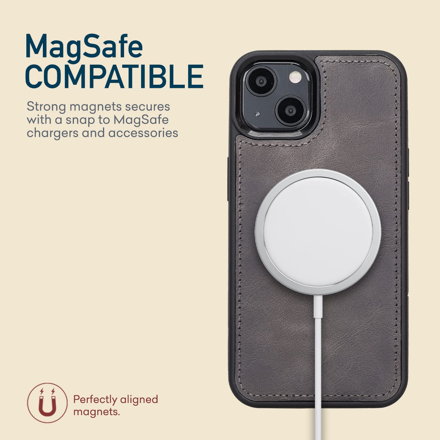 Bayelon Genuine Leather iPhone 13 Case with Detachable Magnetic Wallet - 2-in-1 Flip Cover with Card Slots & Kickstand | Compatible with MagSafe (Smoked Black) | Perfect for Business Travel & Everyday Use