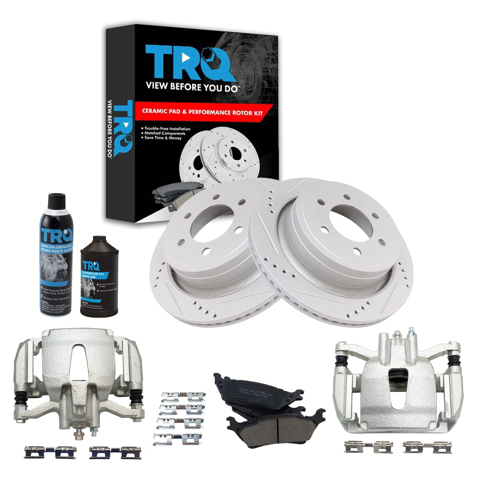 Premium TRQ Rear Performance Brake Pad & Rotor Kit with Caliper & Chemical Kit - Ceramic G-Coated for 2012-2016 Ford F-150 | Smooth Stopping Power for Trucks & Towing