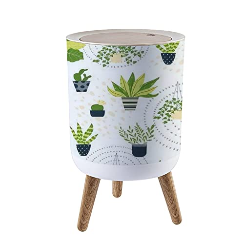 Colorful Small Trash Can with Lid - 7L/1.8 Gallon Press Cover Waste Bin for Kitchen, Bathroom, Bedroom - Cute Houseplant & Cactus Design Seamless Wooden Wastebasket - Perfect for Home, Office, Dorm & Small Spaces