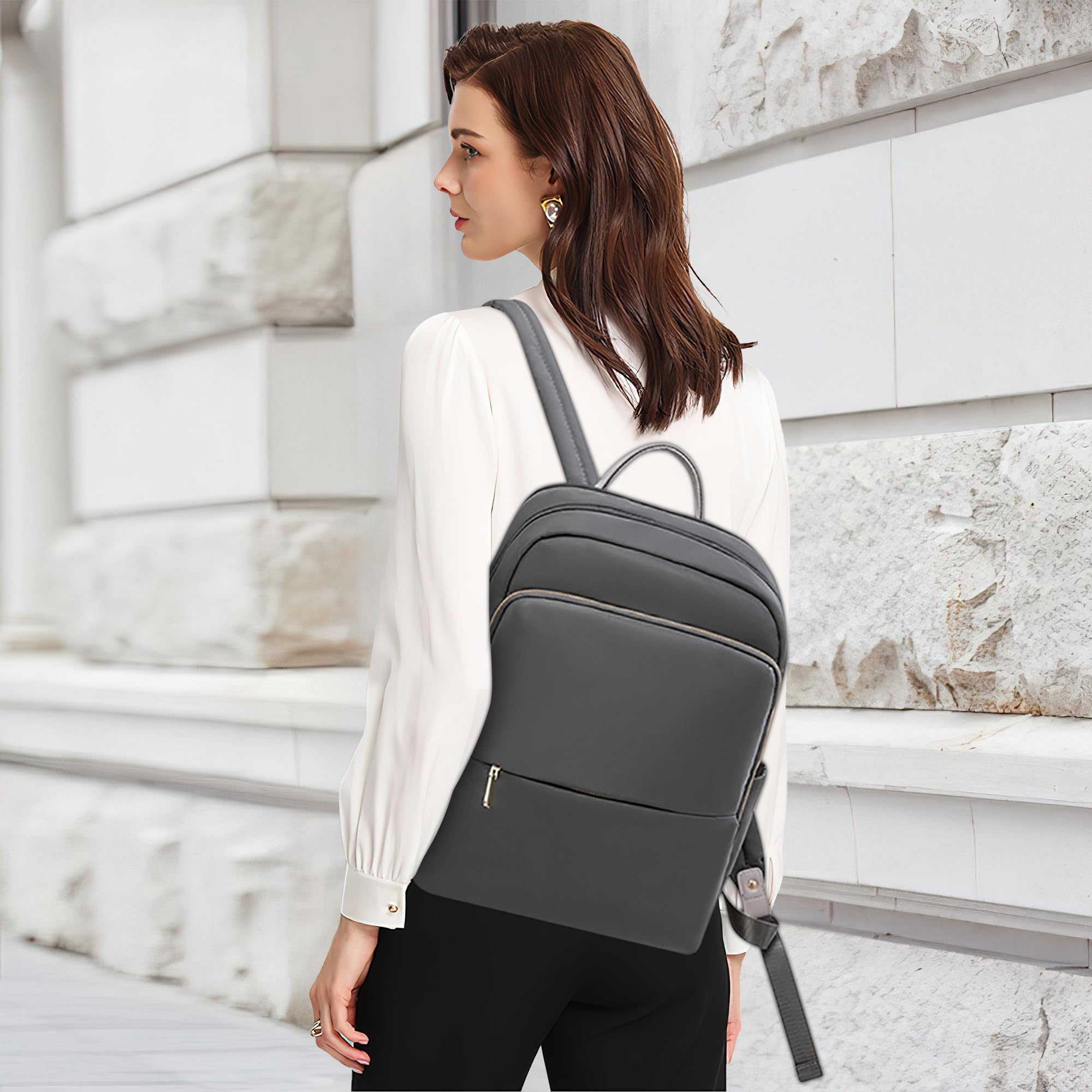 DEEVORCA Women's Fashion Backpack - Waterproof Nylon Laptop Backpack for Work & Travel, Fits 14 Inch Laptop, Casual Daypack with Shoulder Straps, Business & Shopping Handbag in Gray - Perfect for Office Commute, College Campus & Weekend Getaways