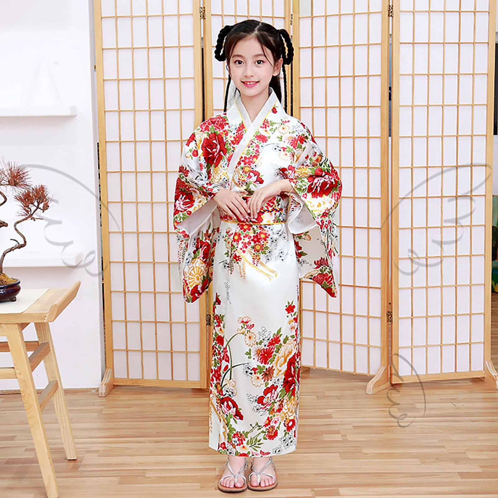 Japanese Traditional Long Sleeve Kimono Robe for Toddler Girls (White, Age 9-10) - Elegant Kids Kimono Dress for Tea Ceremonies, Cultural Events & Special Occasions