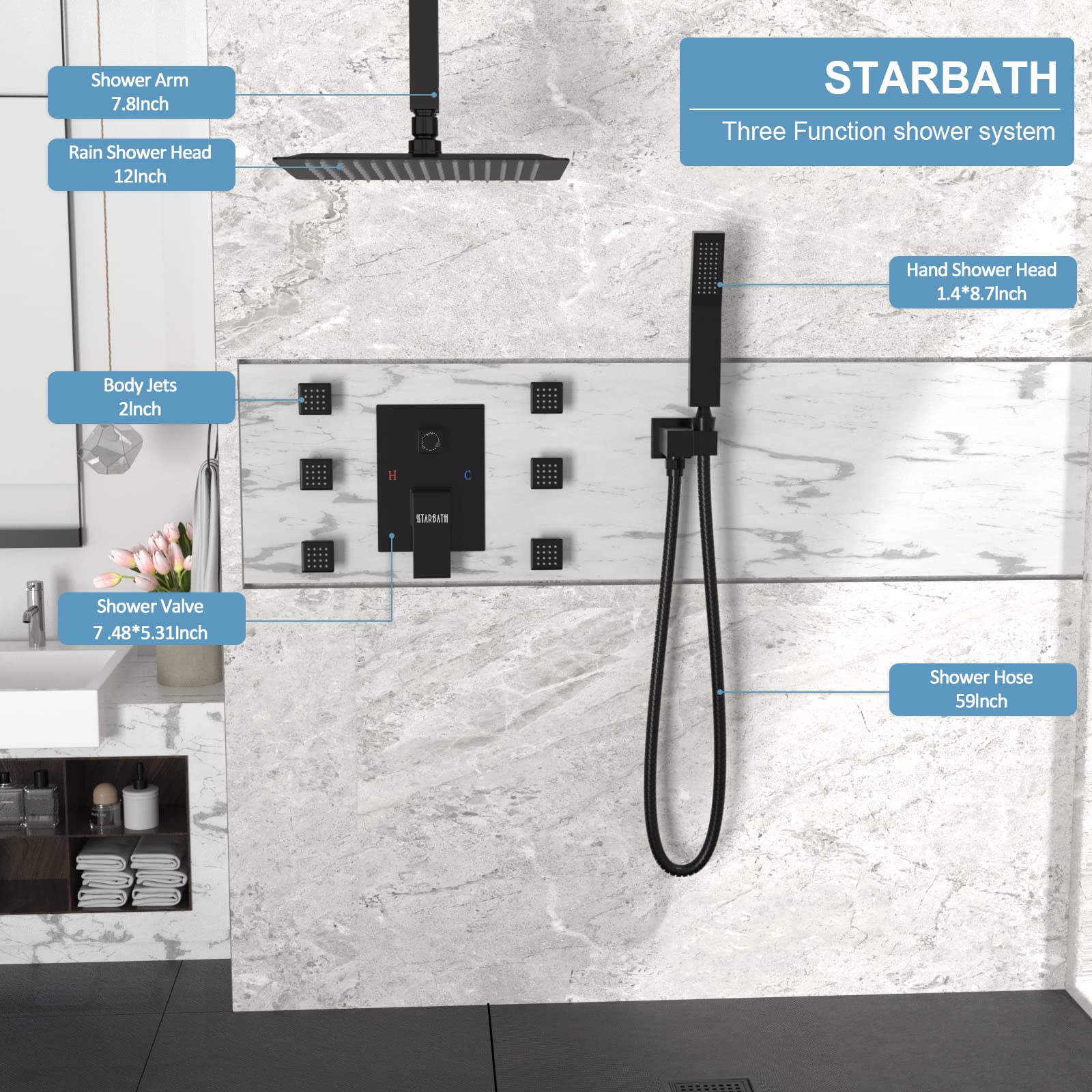 STARBATH 12 Inch Black Wall Mount Rainfall Shower System with Handheld Spray - Ceiling Mount Shower Jets, Mixer Valve Combo Set for Luxurious Bathroom Experience - Perfect for Spa, Master Bath & Modern Home Renovation