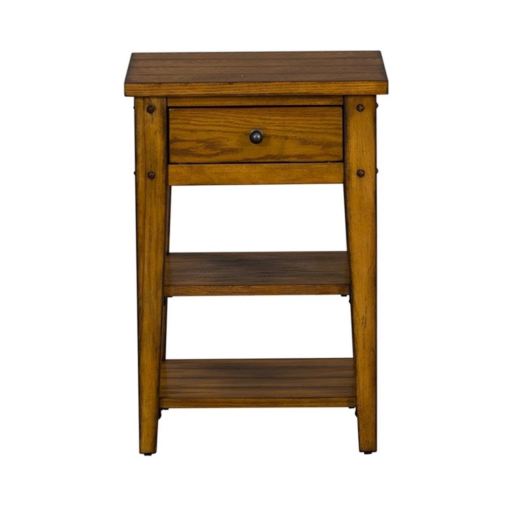 Pemberly Row Farmhouse Wood and Brass Side Table - Golden Oak Finish - Perfect for Living Room, Bedroom, or Office Accent Table