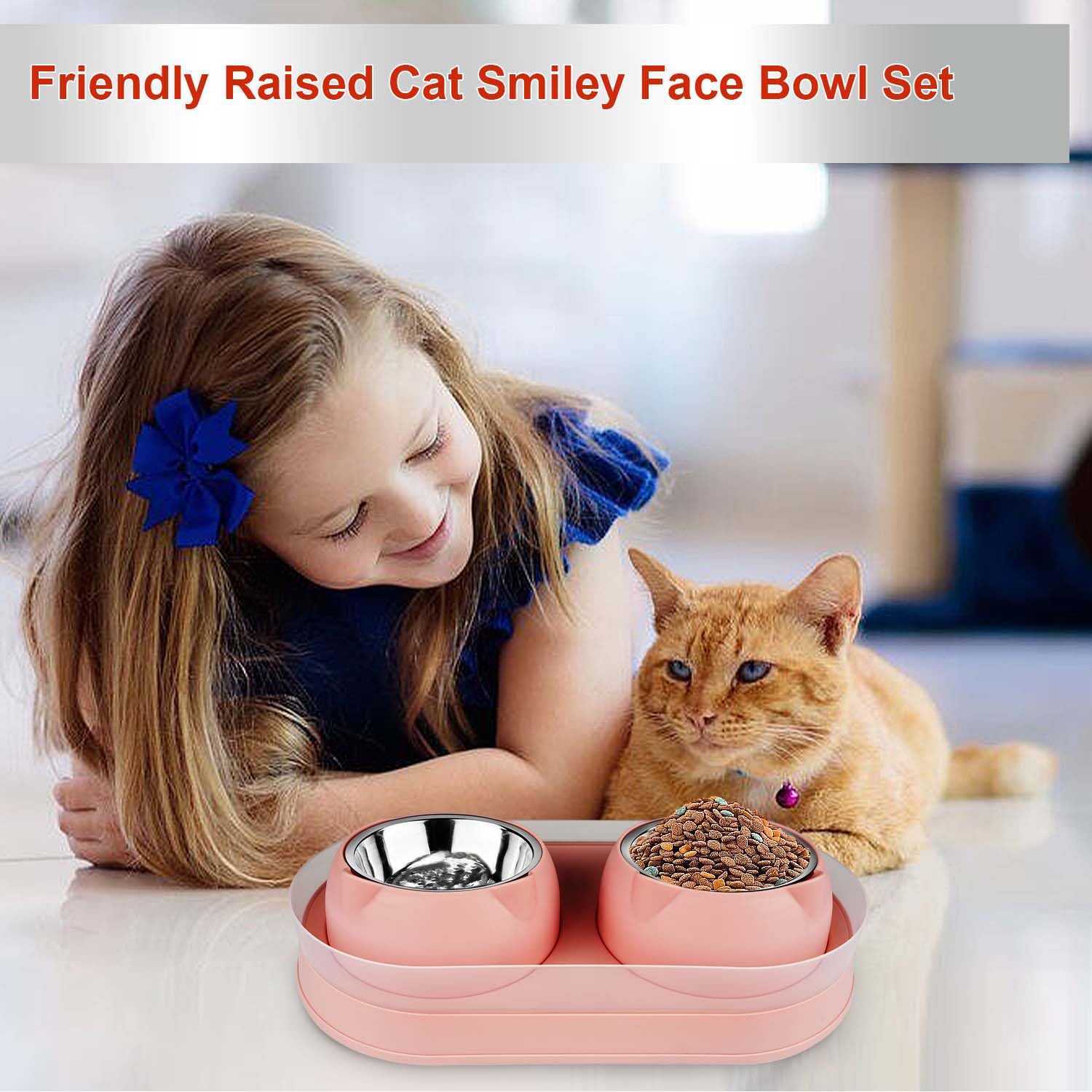 Stainless Steel Elevated Cat Food and Water Bowls Set with Stand - Tilted Anti-Vomiting Design for Healthy Eating - Perfect for Double Cats, Small Pets - Ideal for Home, Kitchen, or Travel Use (Pink)