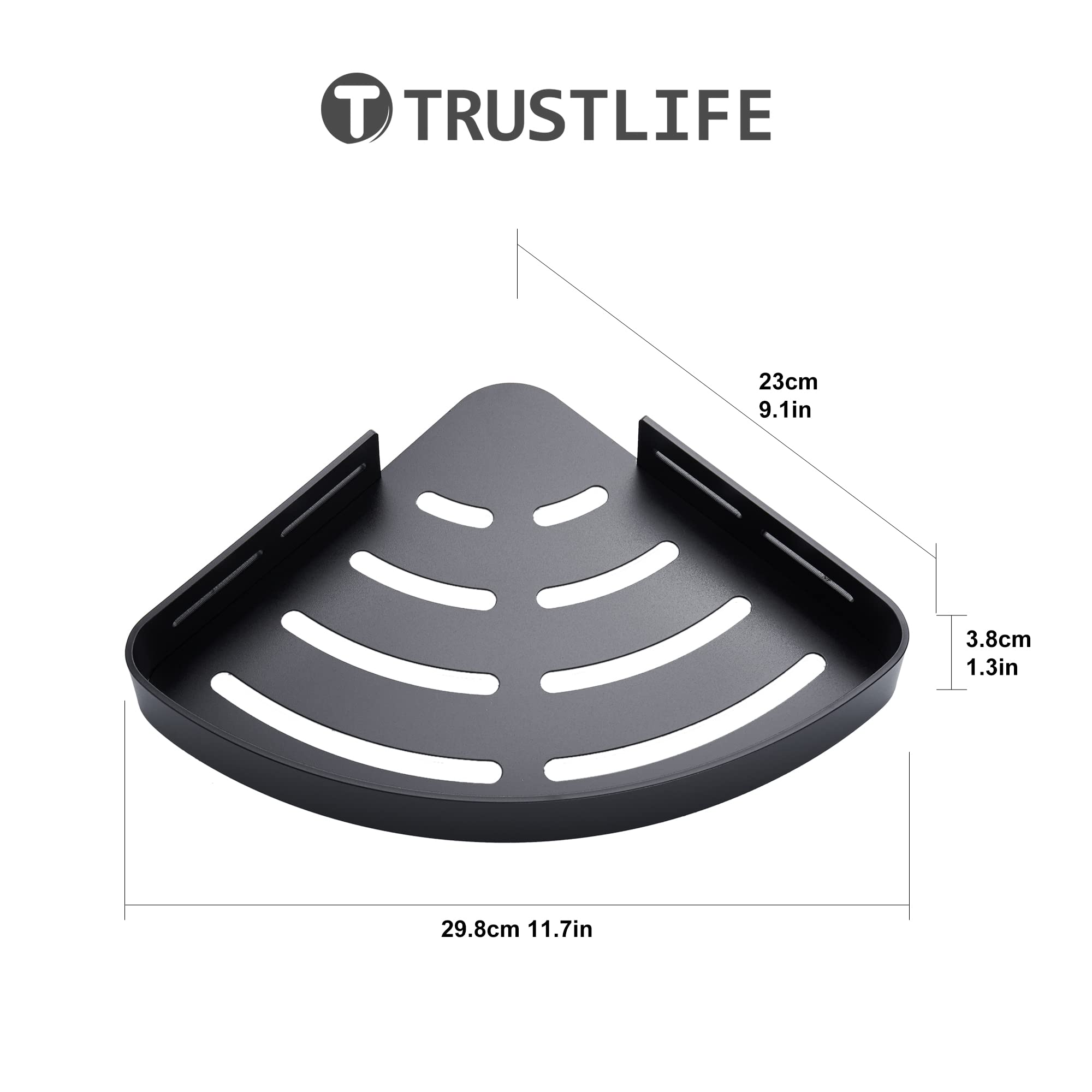TRUSTLIFE 2-Pack Black Adhesive Shower Caddy Organizer - No Drill Aluminum Wall Mounted Bathroom Corner Shelf with Hooks for Wetroom - Perfect for Small Spaces, Shower Storage & Bathroom Organization
