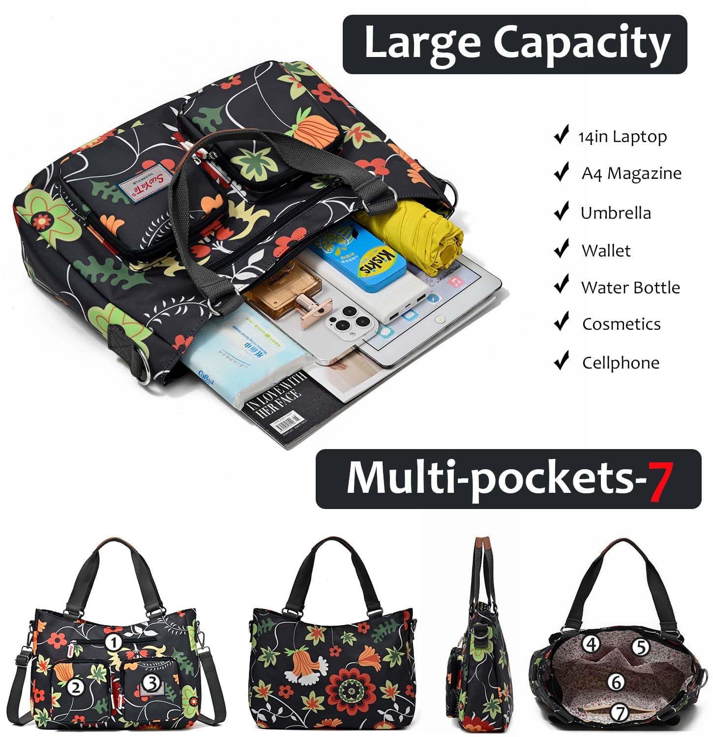Women's Waterproof Nylon Utility Tote Bag - Multi-Pocket Work Shoulder Bag for Teachers, Nurses & Professionals | Perfect for Office, Hospital & Daily Commute