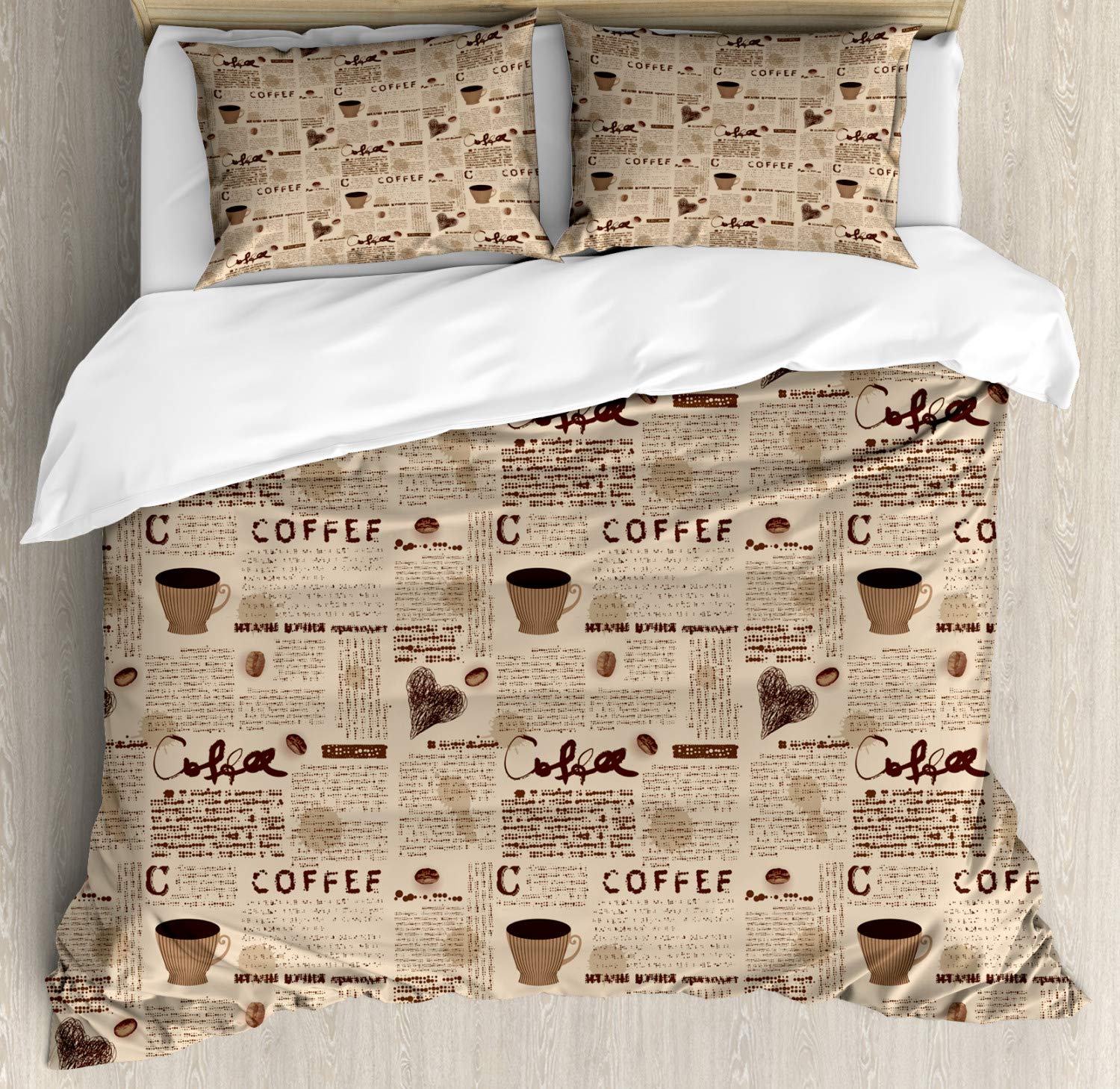 Ambesonne Modern Duvet Cover Set - Vintage Newspaper Print with Coffee Cups & Writing Art - 2-Pack King Size Bedding Set (Sand Brown & Umber) - Includes 2 Duvet Covers & 4 Pillowcases - Perfect for Cozy Bedrooms, Guest Rooms & Boho Chic Home Decor