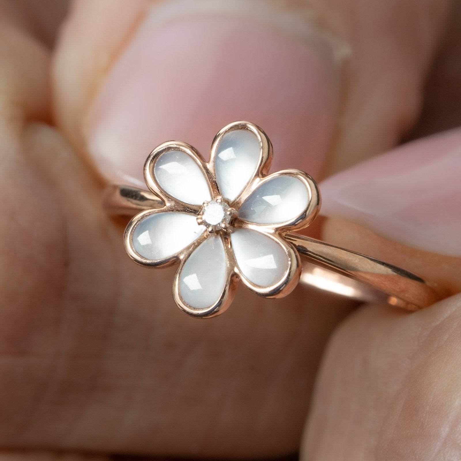14k Rose Gold Mother of Pearl Flower Ring with Diamond Center - Elegant Jewelry for Weddings, Anniversaries & Special Occasions