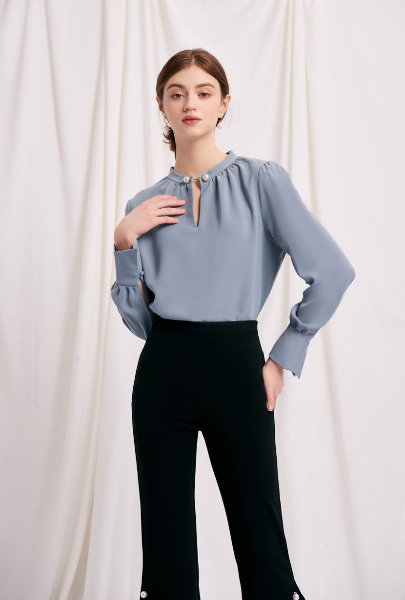 Buvette Pearl Blouse Women's Elegant Dusty Blue Top for Casual Wear & Office Outfits | Perfect for Date Nights & Special Occasions
