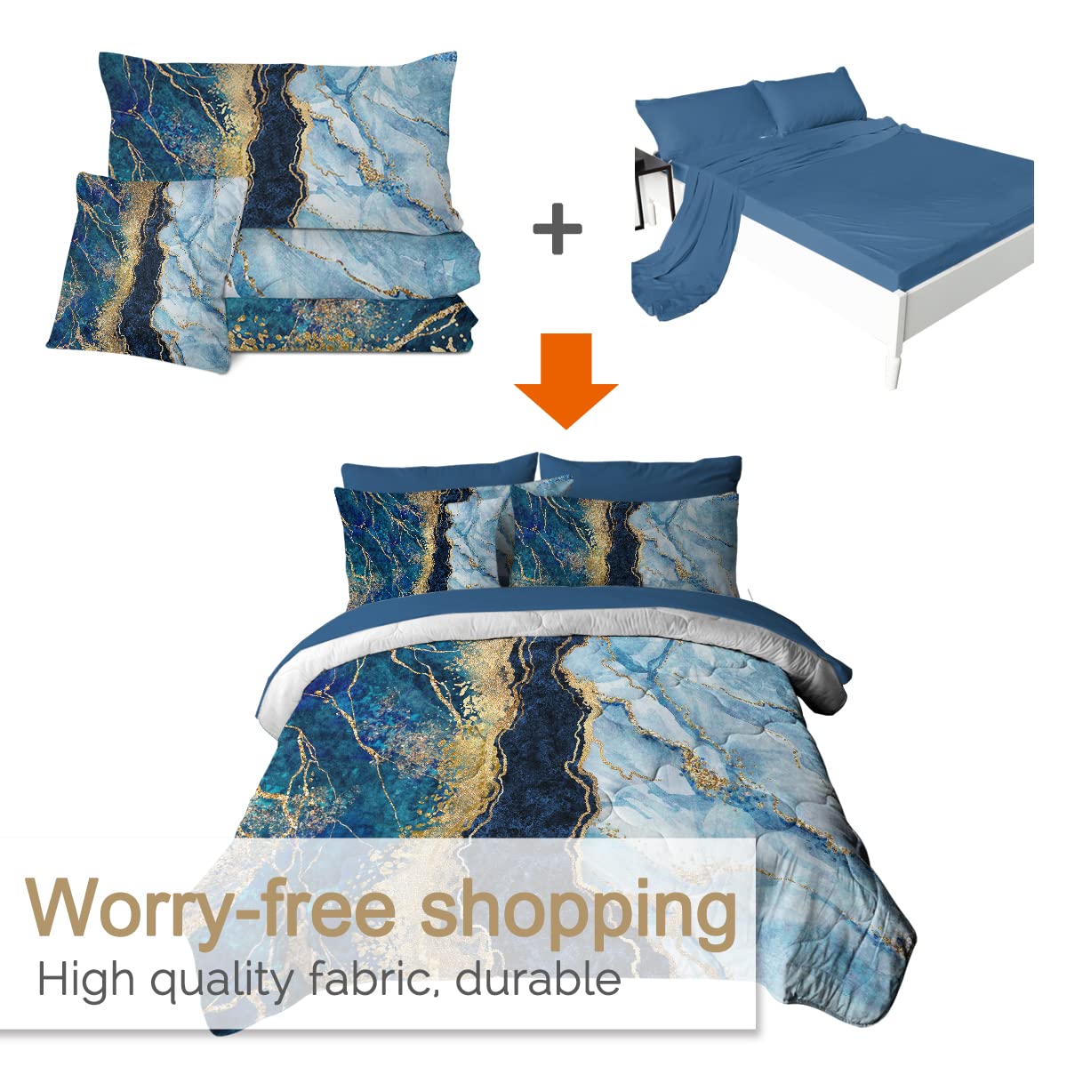 BlessLiving 8-Piece King Size Marble Bedding Set - Navy Blue & Gold Glitter Comforter with Pillowcases, Shams & Sheets - Modern Luxury Bed in A Bag - Perfect for Master Bedrooms, Guest Rooms & Hotel Style Decor