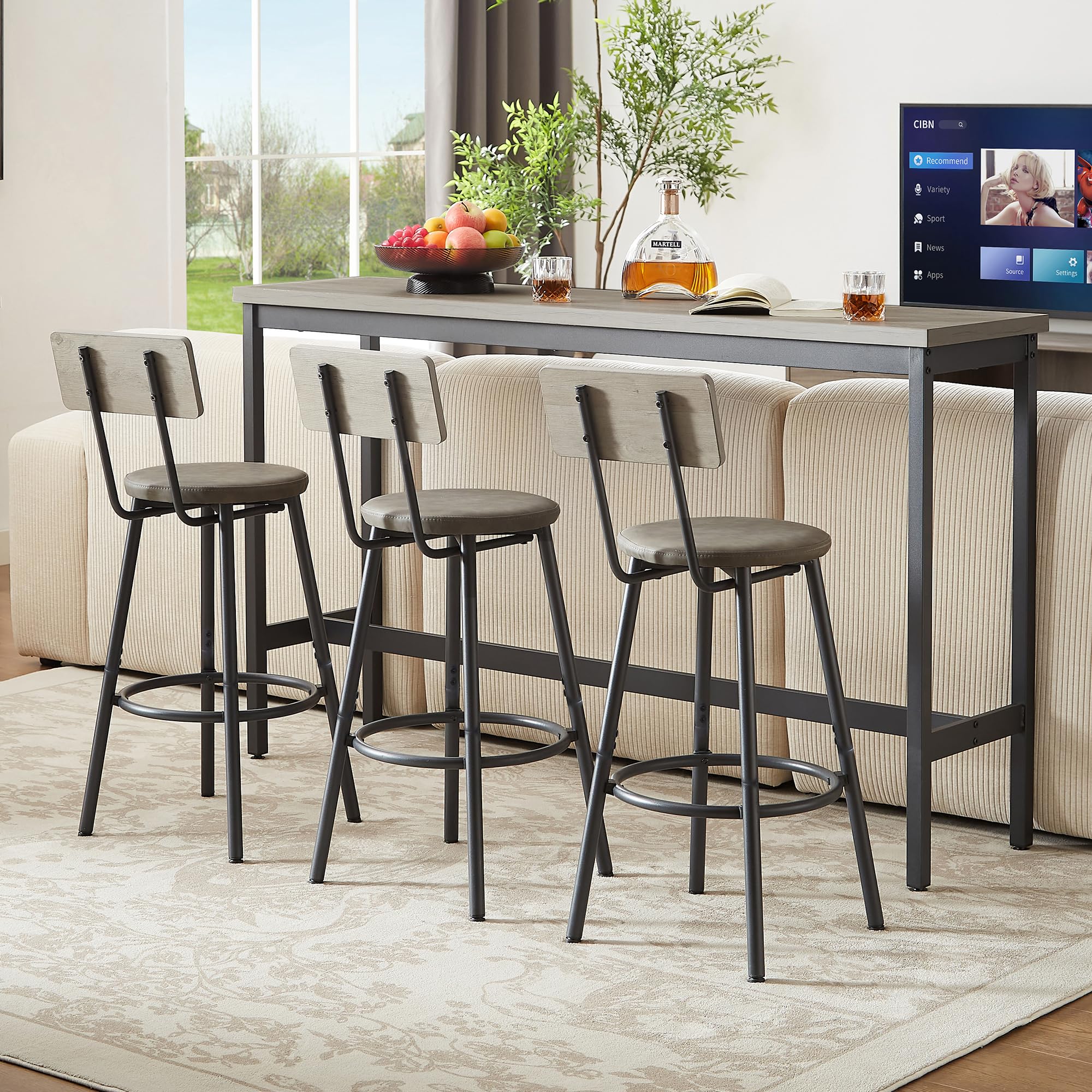 GNIXUU 4-Piece Industrial Bar Table Set with Sofa Table & 3 Upholstered Backrest Stools - Counter Height Dining Set for Small Spaces, Breakfast Nook, Living Room, Kitchen Island or Patio (Grey)