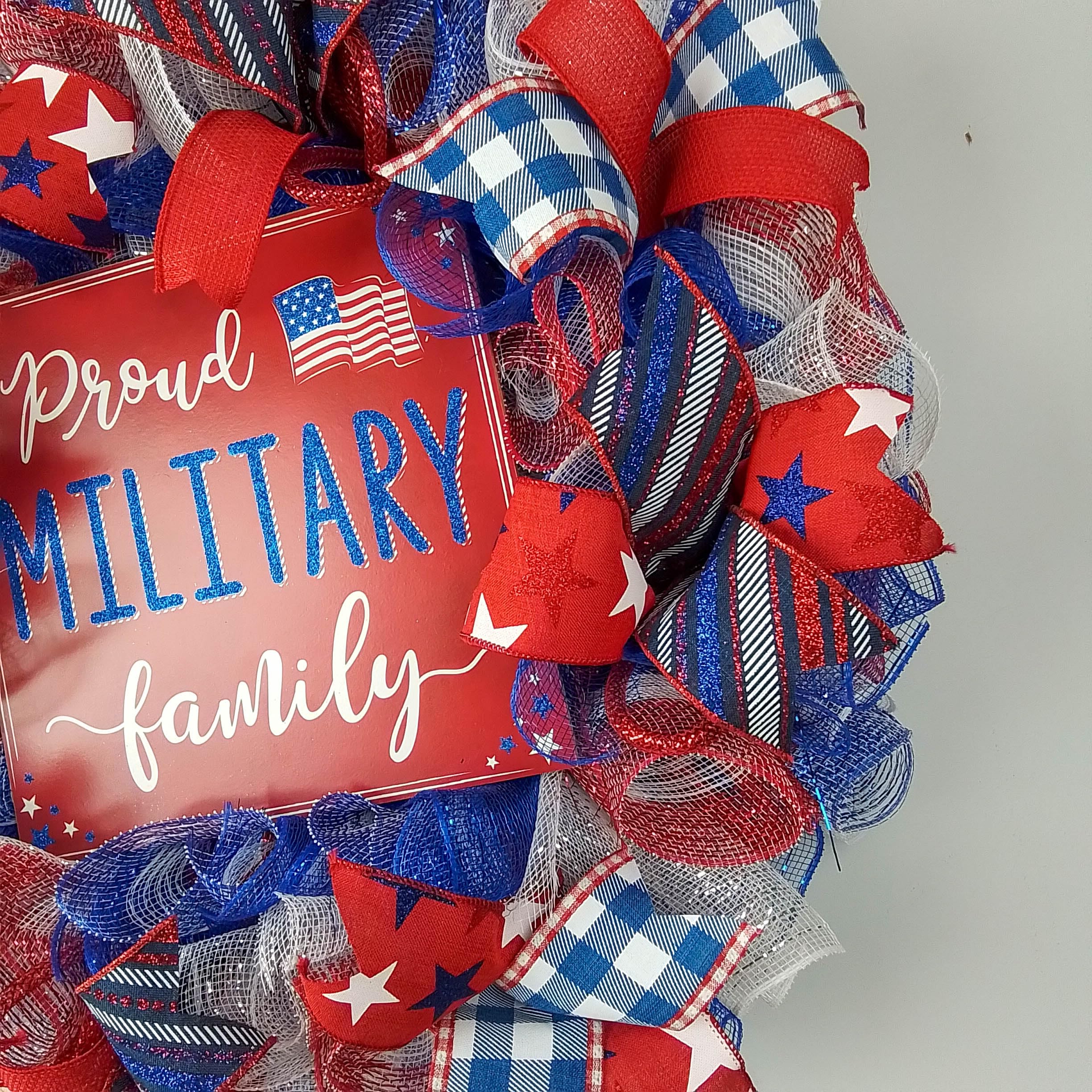 4th of July Wreath - Patriotic Red White & Blue American Flag Wreath for Front Door - Military Family Home Decor for Independence Day, Memorial Day & Veterans Day Celebrations