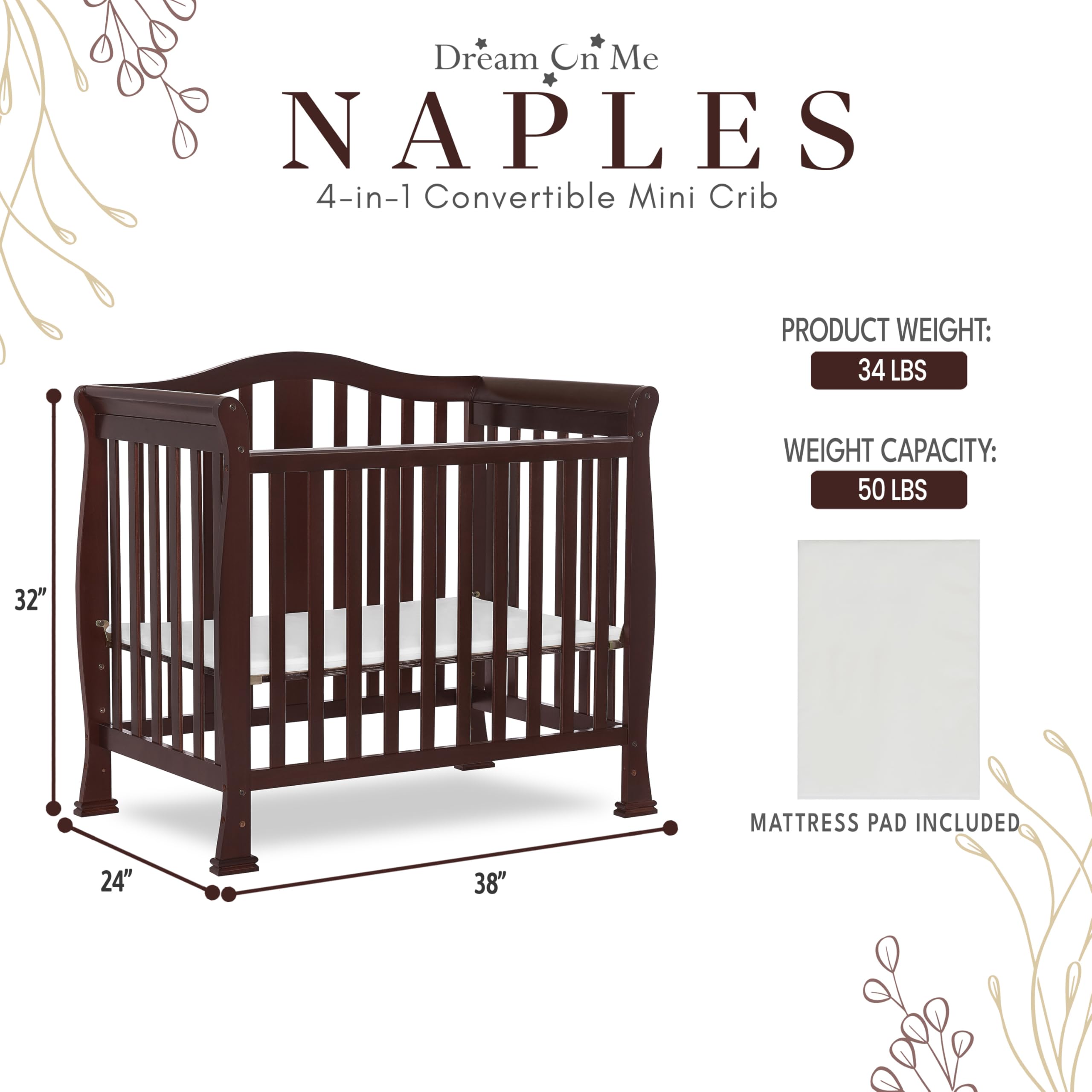 Dream On Me Addison 4-in-1 Convertible Mini Crib - Espresso Finish | Greenguard Gold Certified | Non-Toxic New Zealand Pinewood | Includes 1