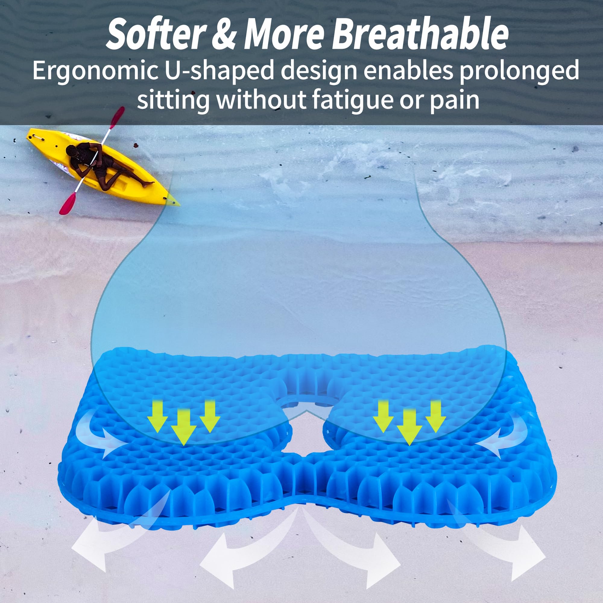 Premium Kayak Seat Cushion - Thick Non-Slip Gel Kayak Seat Pad with Breathable Waterproof Design for Kayaks, Canoes & Boats - Durable Kayak Accessories for Fishing & Paddling (Blue, 2-Pack) | Perfect for Long Fishing Trips & Water Sports Adventures