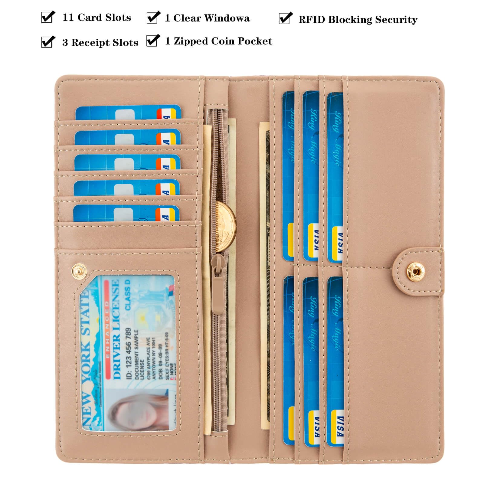 AIRMORS RFID Blocking Leather Wallet for Women & Men - Slim Zipper Credit Card Holder with Large Capacity, Minimalist Coin Purse, Long Clutch Wallet (Pink Floral Design) - Perfect for Travel, Work & Everyday Use
