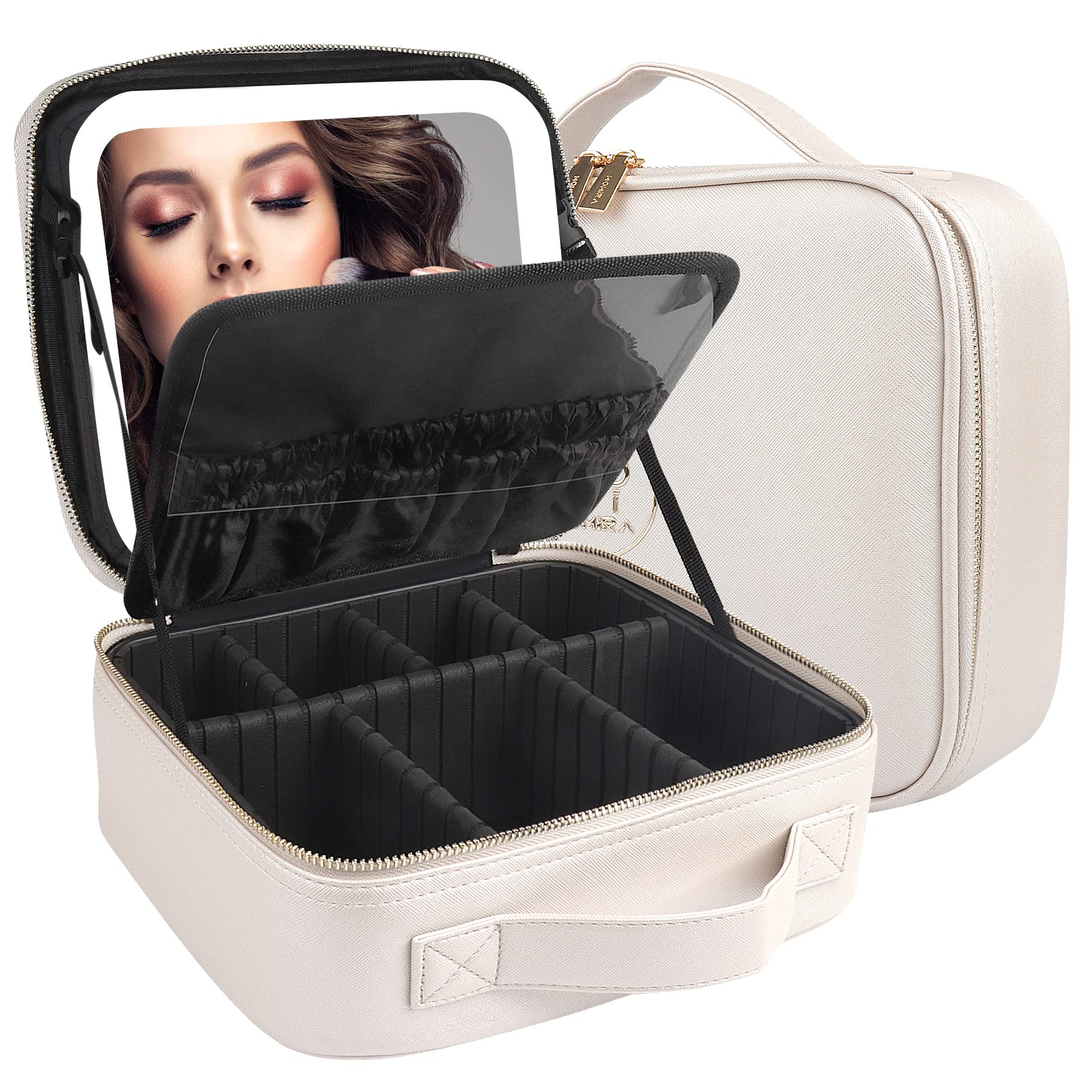 MOMIRA Large Lighted Travel Makeup Bag with Adjustable Brightness Mirror - Waterproof Cosmetic Organizer Case for Women, 3 Color Modes, Perfect Makeup Train Case & Toiletry Gift for Travel, Home, and Salon Use