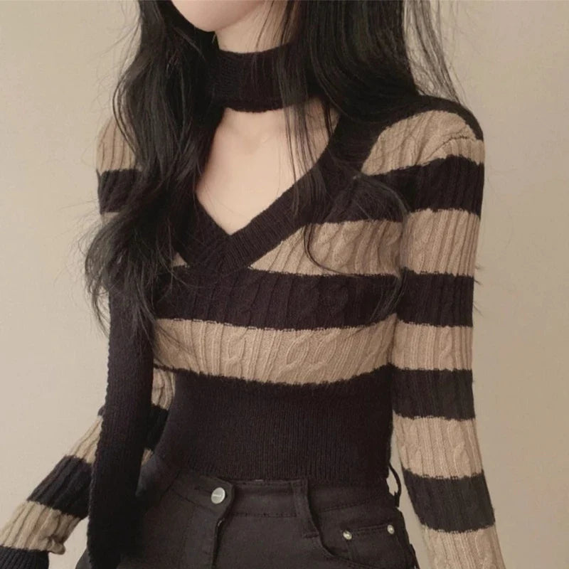 Elegant Scarf Collar & Cable Knit Long Sleeve Striped Skinny Sweater for Women | Winter Fashion Layering, Office Wear & Casual Outfits