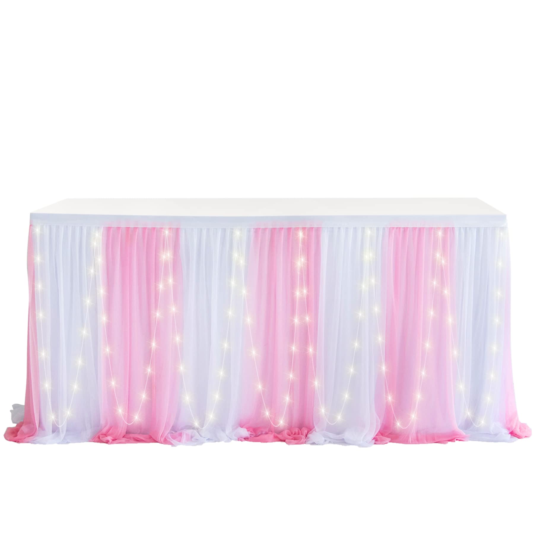 6ft Pink LED Tutu Tulle Table Skirt - Elegant Baby Shower & Birthday Party Decor for Girls, Butterfly & Elephant Theme, Gender Reveal, Buffet Banquet - Perfect for Round or Rectangle Tables (Washable & Reusable)