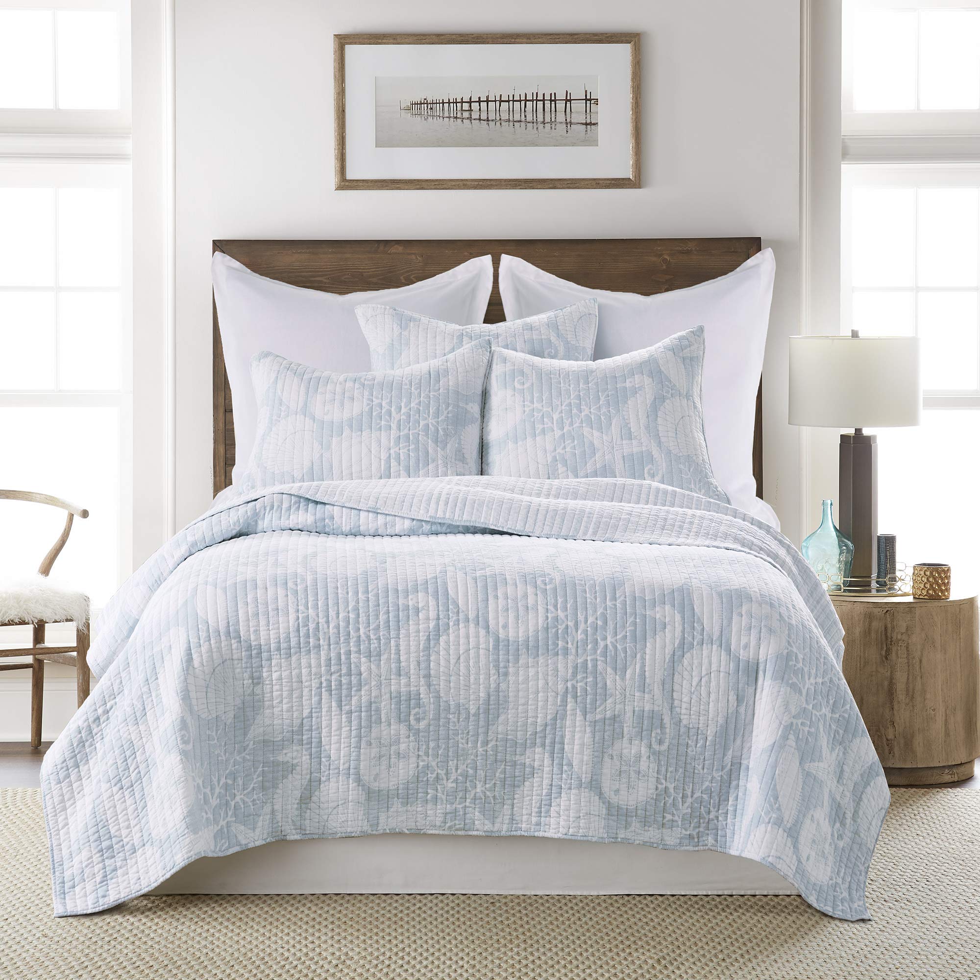 **Levtex Home Stillwater Reversible King Quilt Set - Coastal Blue & White Cotton Quilt (106x92in) with 2 King Shams (20x36in) - Perfect for Beach House & Coastal Bedroom Decor**